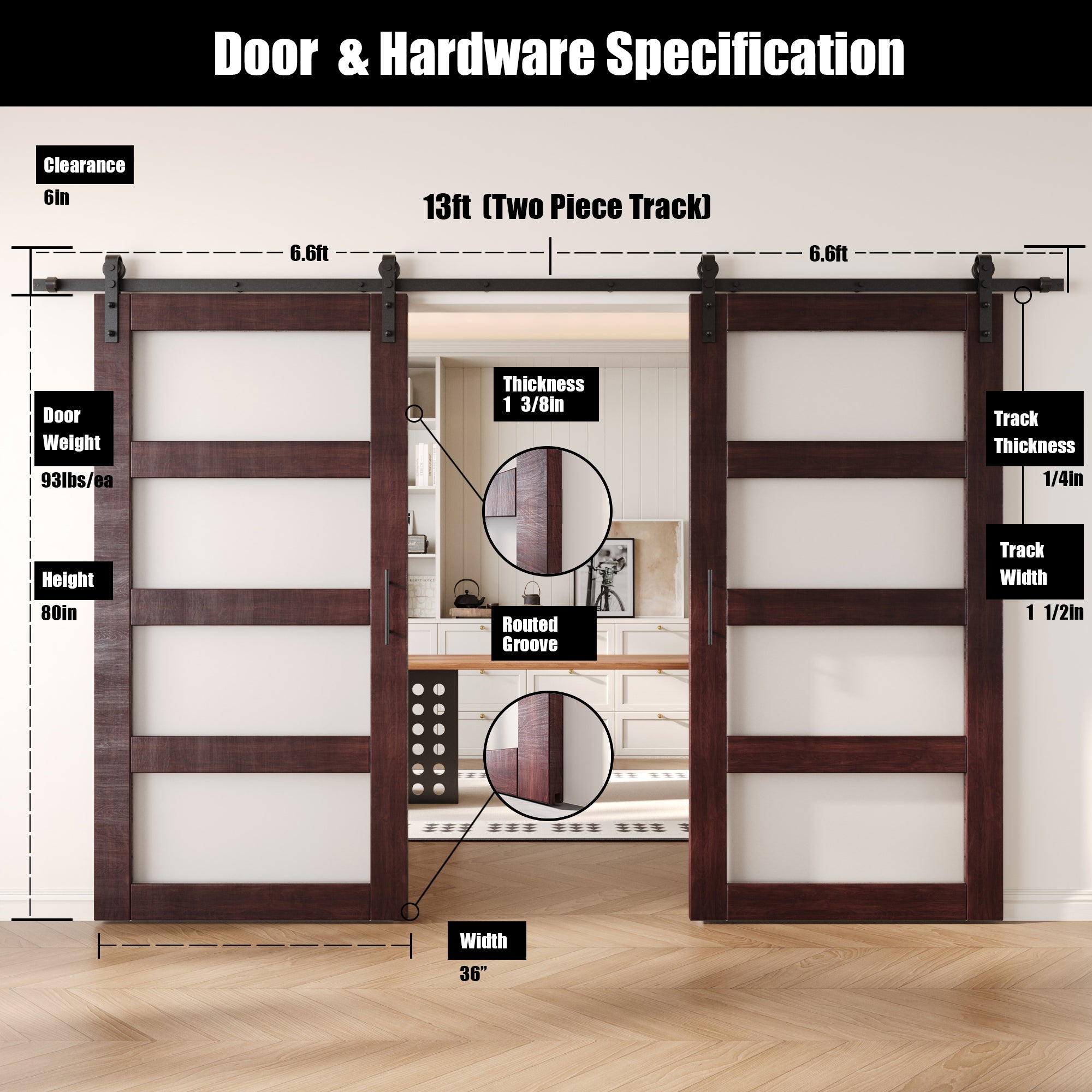 80" Height Red Mahogany 4-Lite Frosted Glass Double Unassembled & Finished Pine Wood Barn Doors with Non-Bypass Installation Hardware Kit (Interior Use Only)