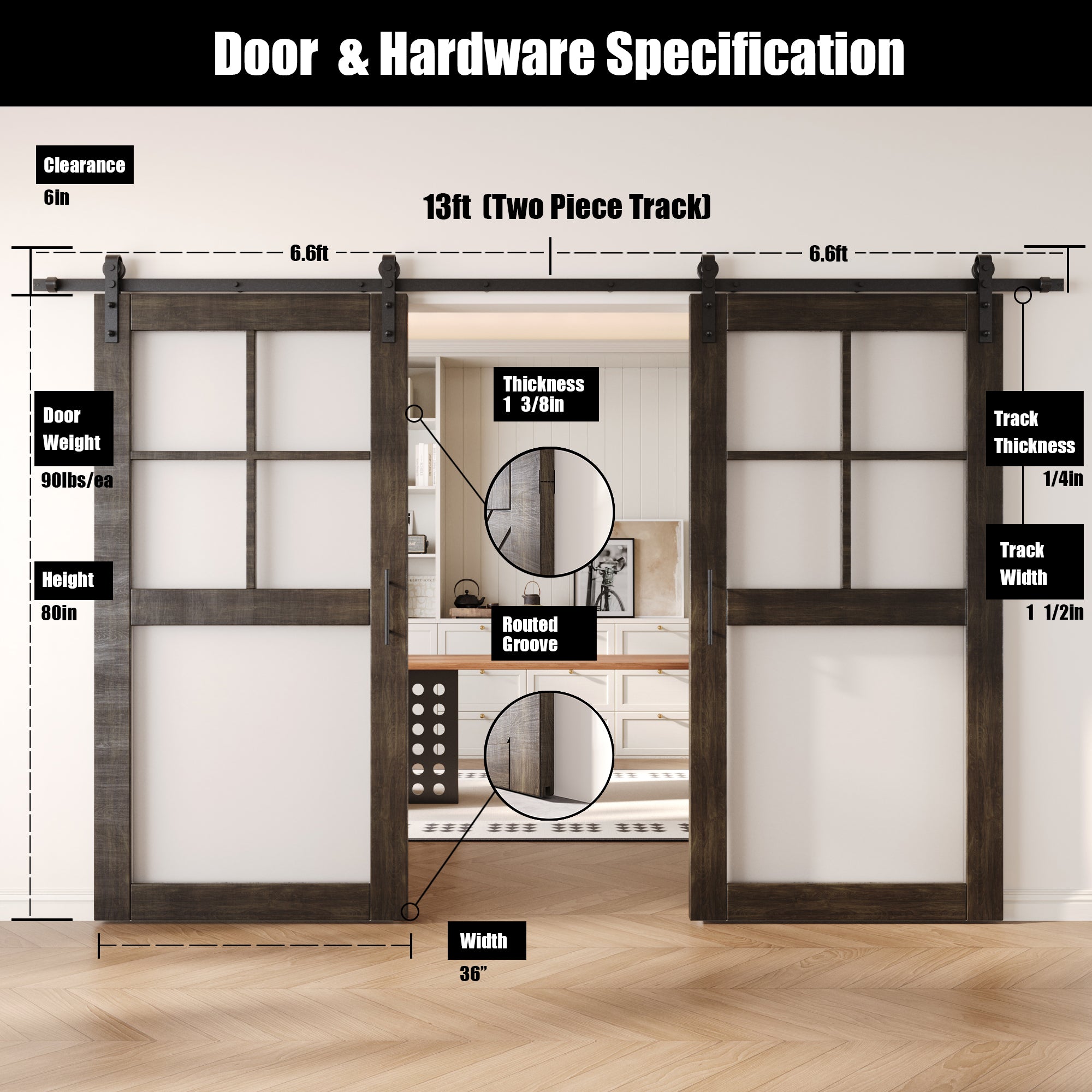 80" Height Ebony 5-Lite Frosted Glass Double Unassembled & Finished Pine Wood Barn Doors with Non-Bypass Installation Hardware Kit (Interior Use Only)