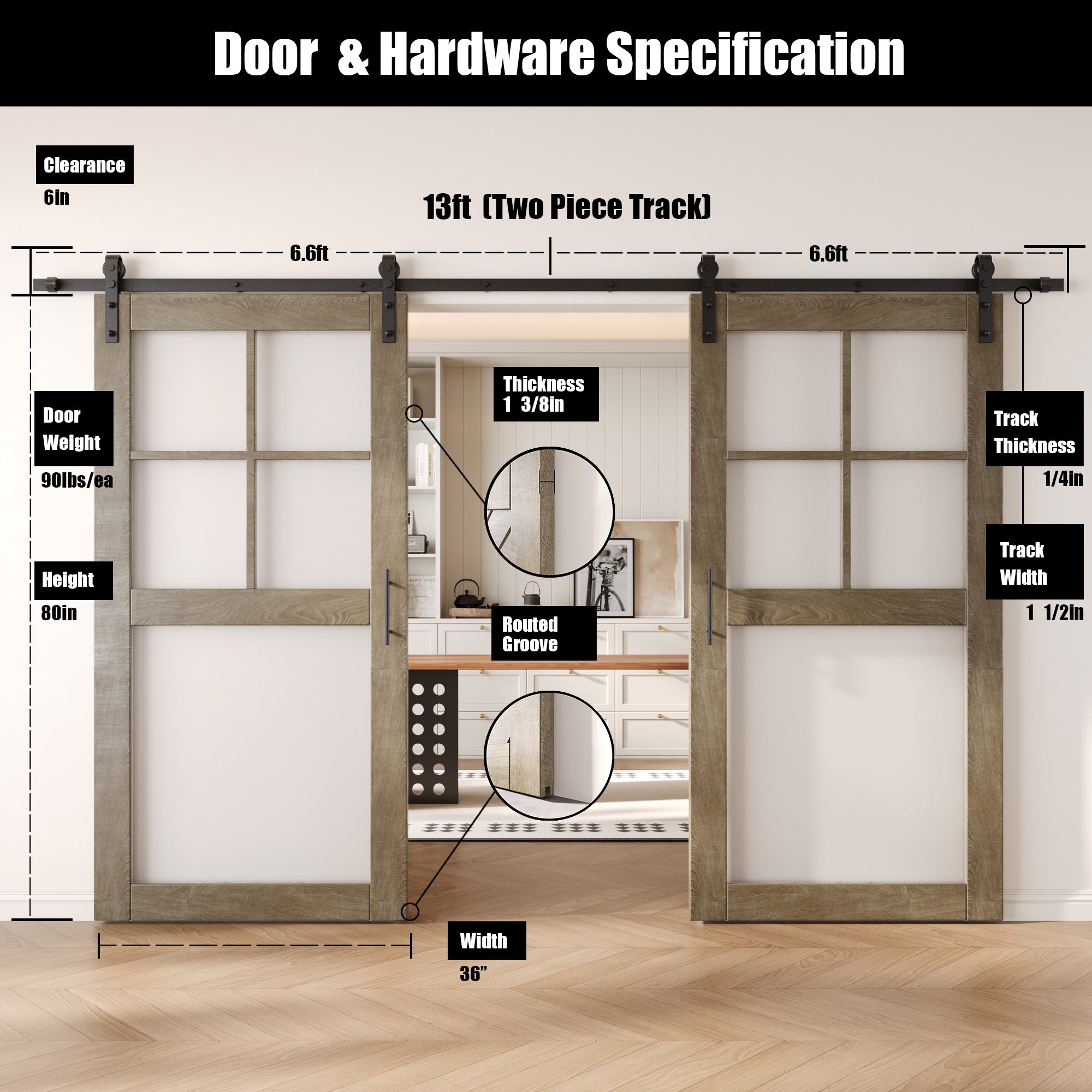 80" Height Classic Gray 5-Lite Frosted Glass Double Unassembled & Finished Pine Wood Barn Doors with Non-Bypass Installation Hardware Kit (Interior Use Only)