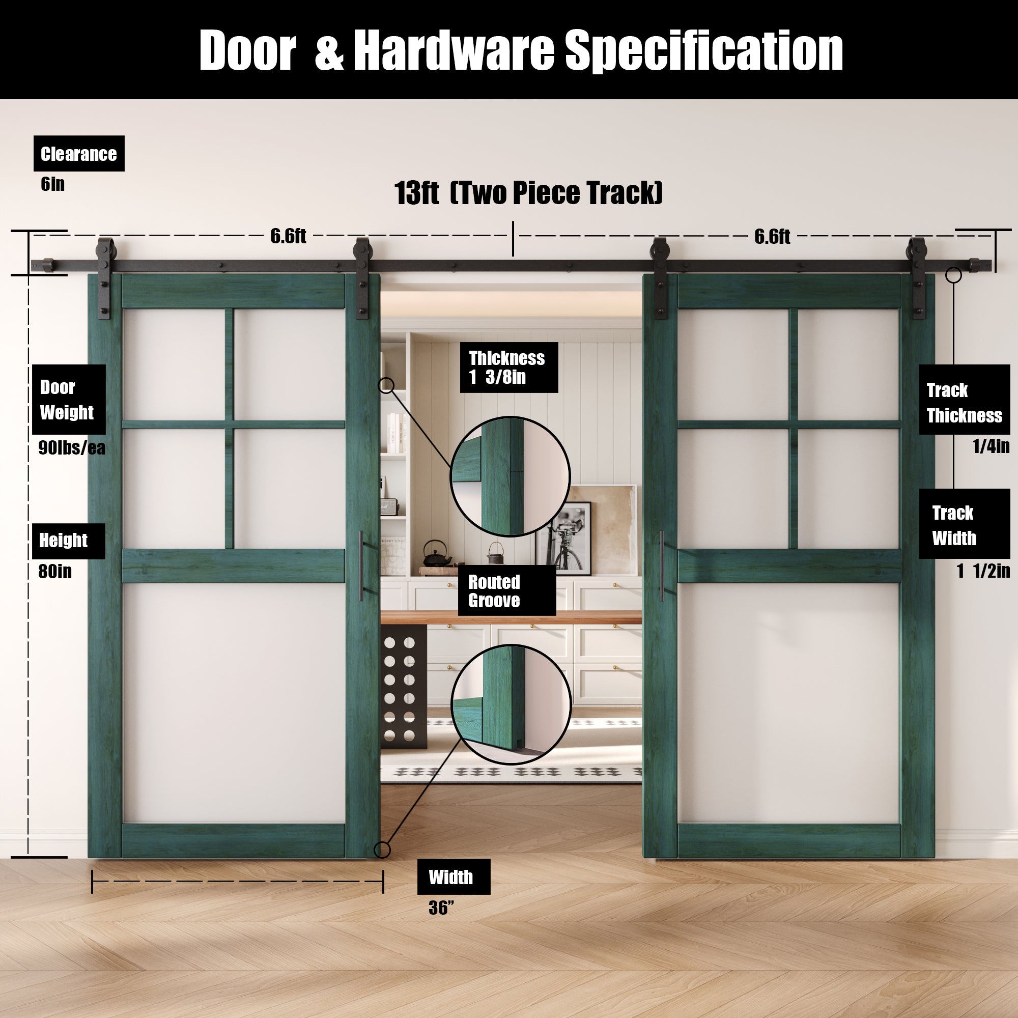 80" Height Royal Pine 5-Lite Frosted Glass Double Unassembled & Finished Pine Wood Barn Doors with Non-Bypass Installation Hardware Kit (Interior Use Only)