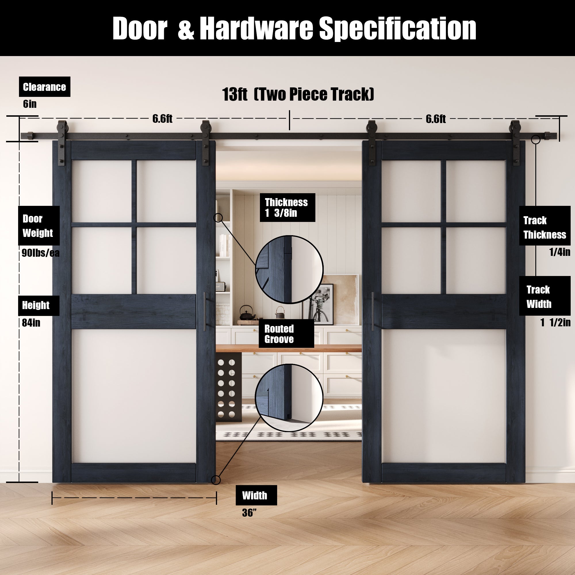 84" Height Navy 5-Lite Frosted Glass Double Unassembled & Finished Pine Wood Barn Doors with Non-Bypass Installation Hardware Kit (Interior Use Only)