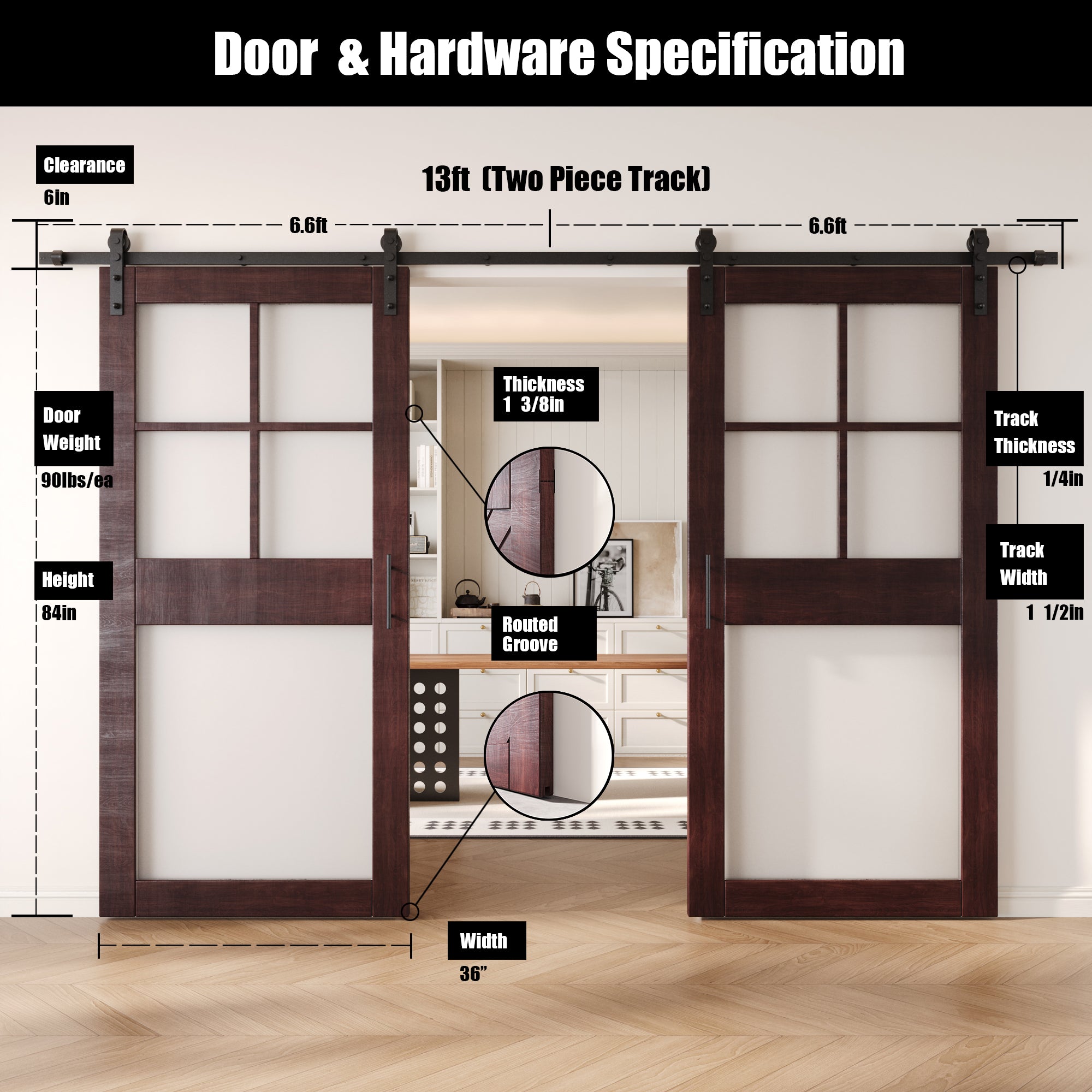 84" Height Red Mahogany 5-Lite Frosted Glass Double Unassembled & Finished Pine Wood Barn Doors with Non-Bypass Installation Hardware Kit (Interior Use Only)