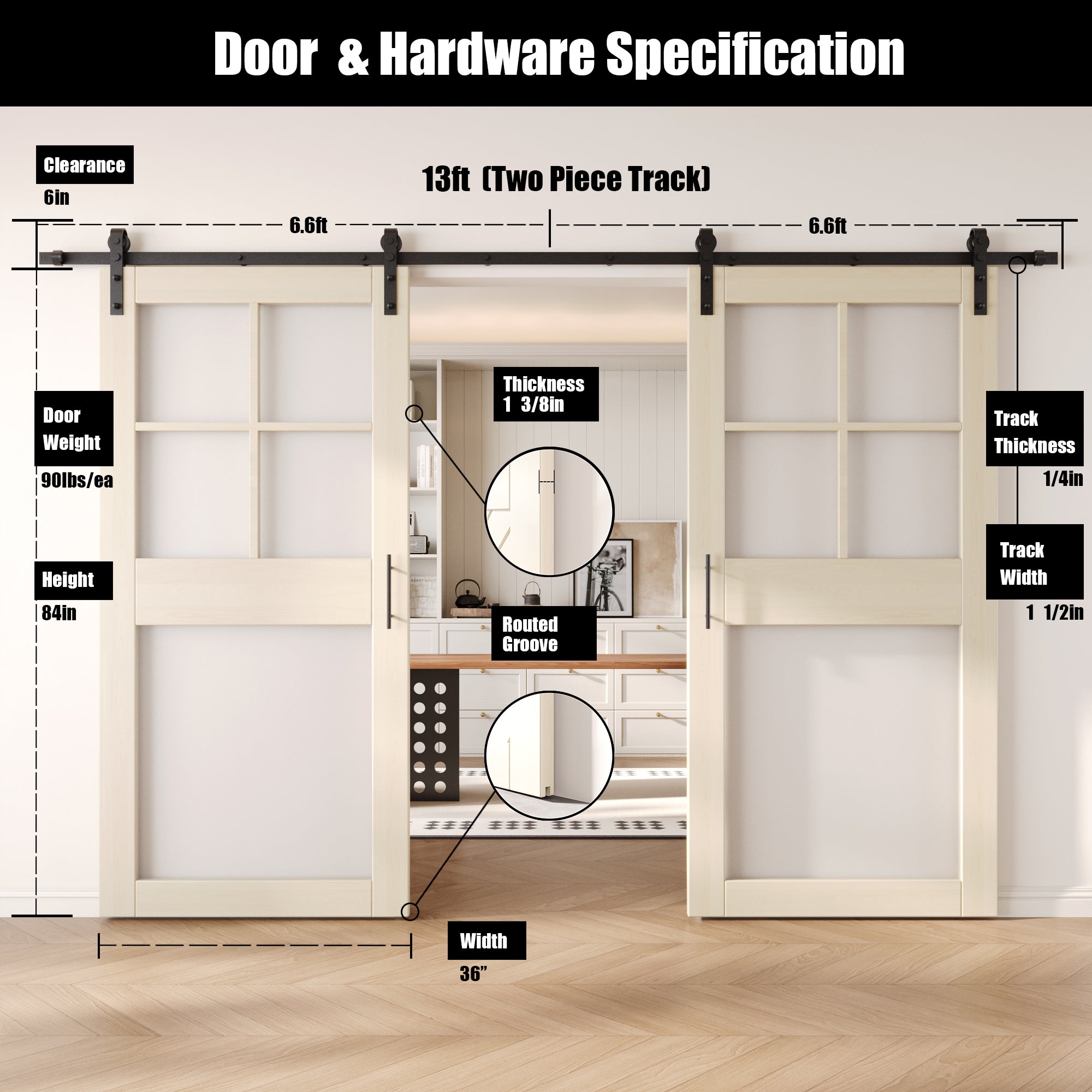 84" Height Tinsmith Gray 5-Lite Frosted Glass Double Unassembled & Finished Pine Wood Barn Doors with Non-Bypass Installation Hardware Kit (Interior Use Only)