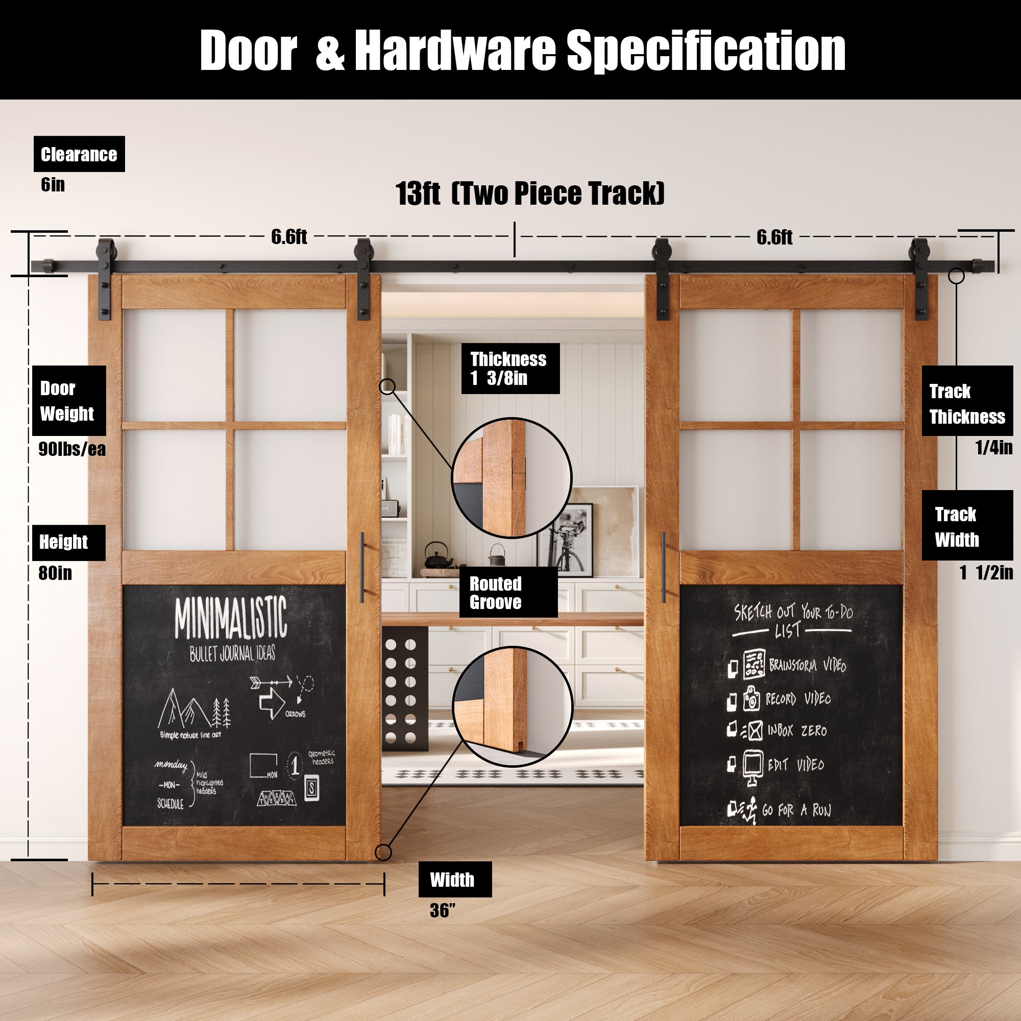 80" Height Half Lite Early American Chalkboard Double Unassembled & Finished Pine Wood Barn Doors with Non-Bypass Installation Hardware Kit (Interior Use Only)