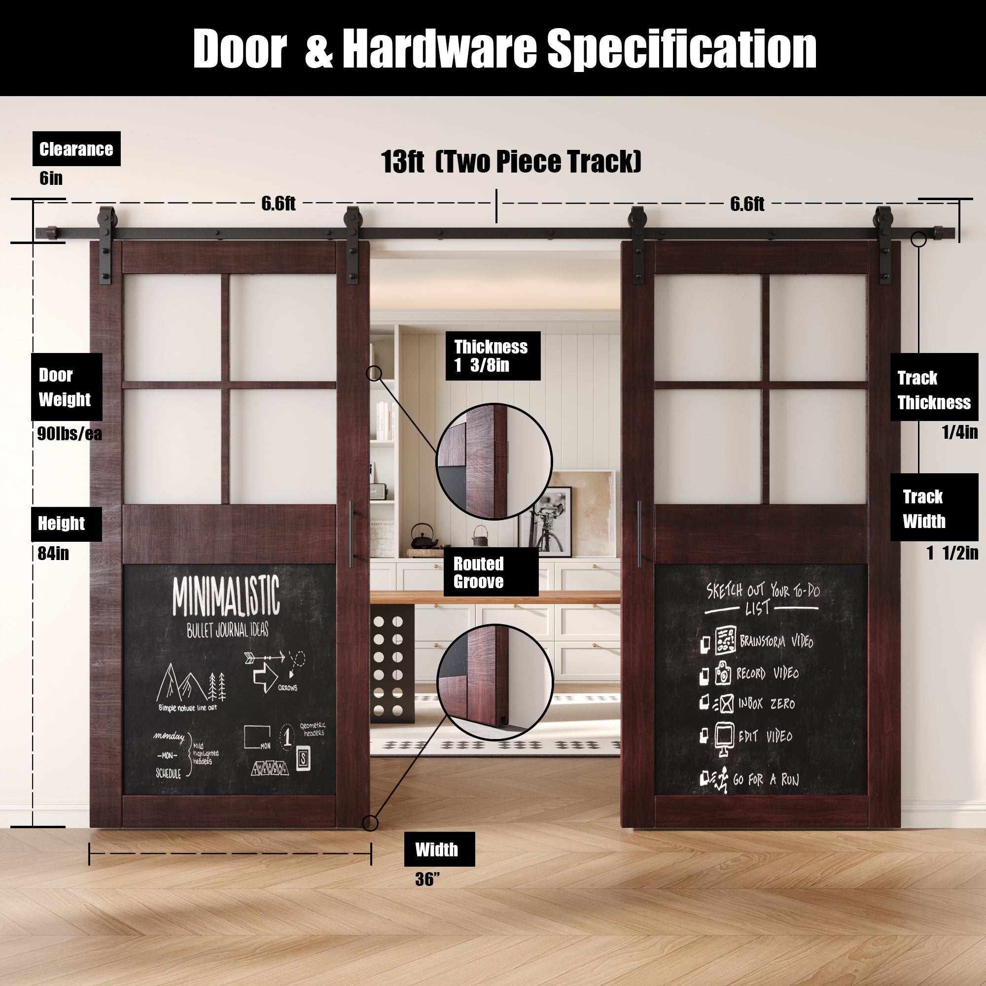 84" Height Red Mahogany Half Lite Chalkboard Double Unassembled & Finished Pine Wood Barn Doors with Non-Bypass Installation Hardware Kit (Interior Use Only)