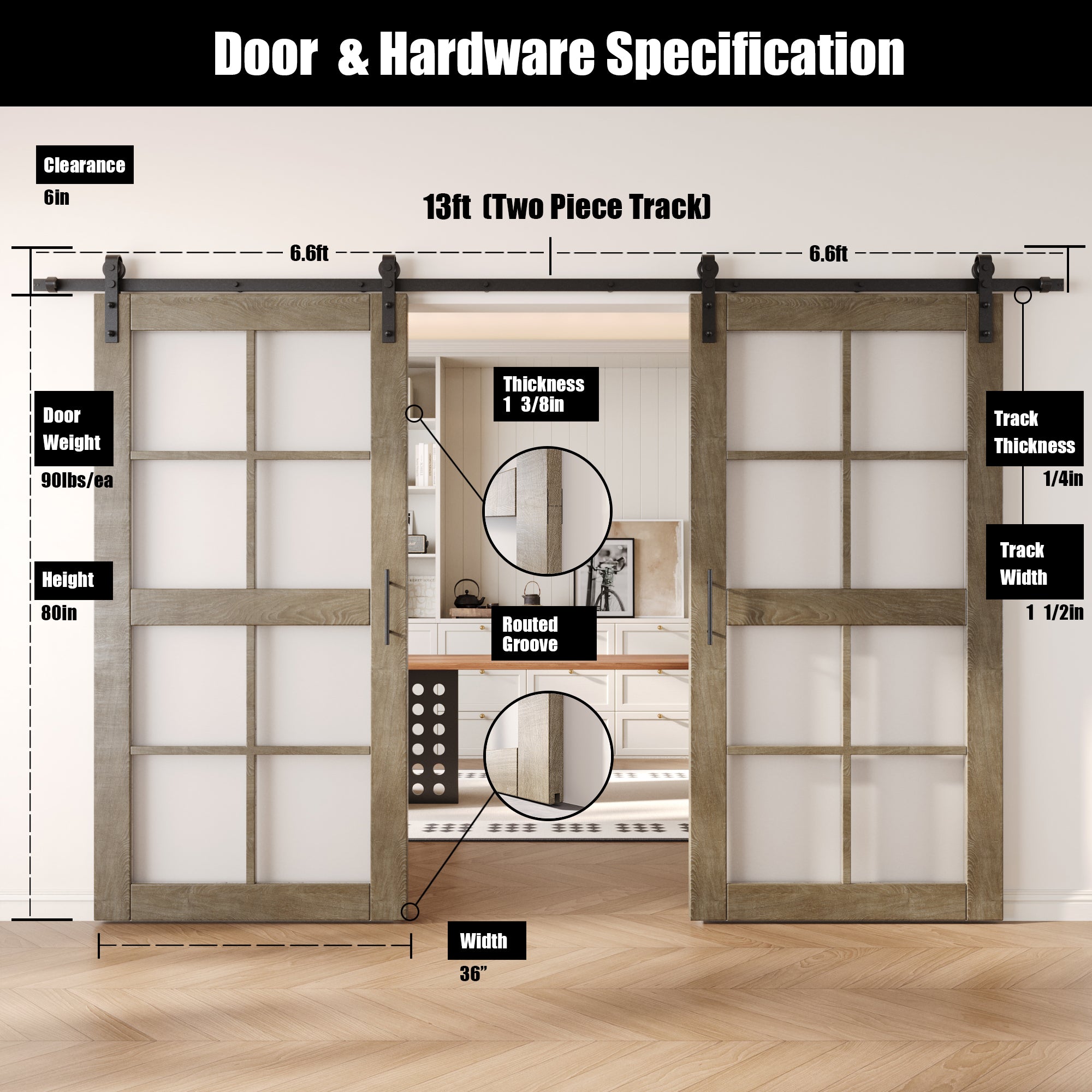 80" Height Classic Gray 8-Lite Frosted Glass Double Unassembled & Finished Pine Wood Barn Doors with Non-Bypass Installation Hardware Kit (Interior Use Only)