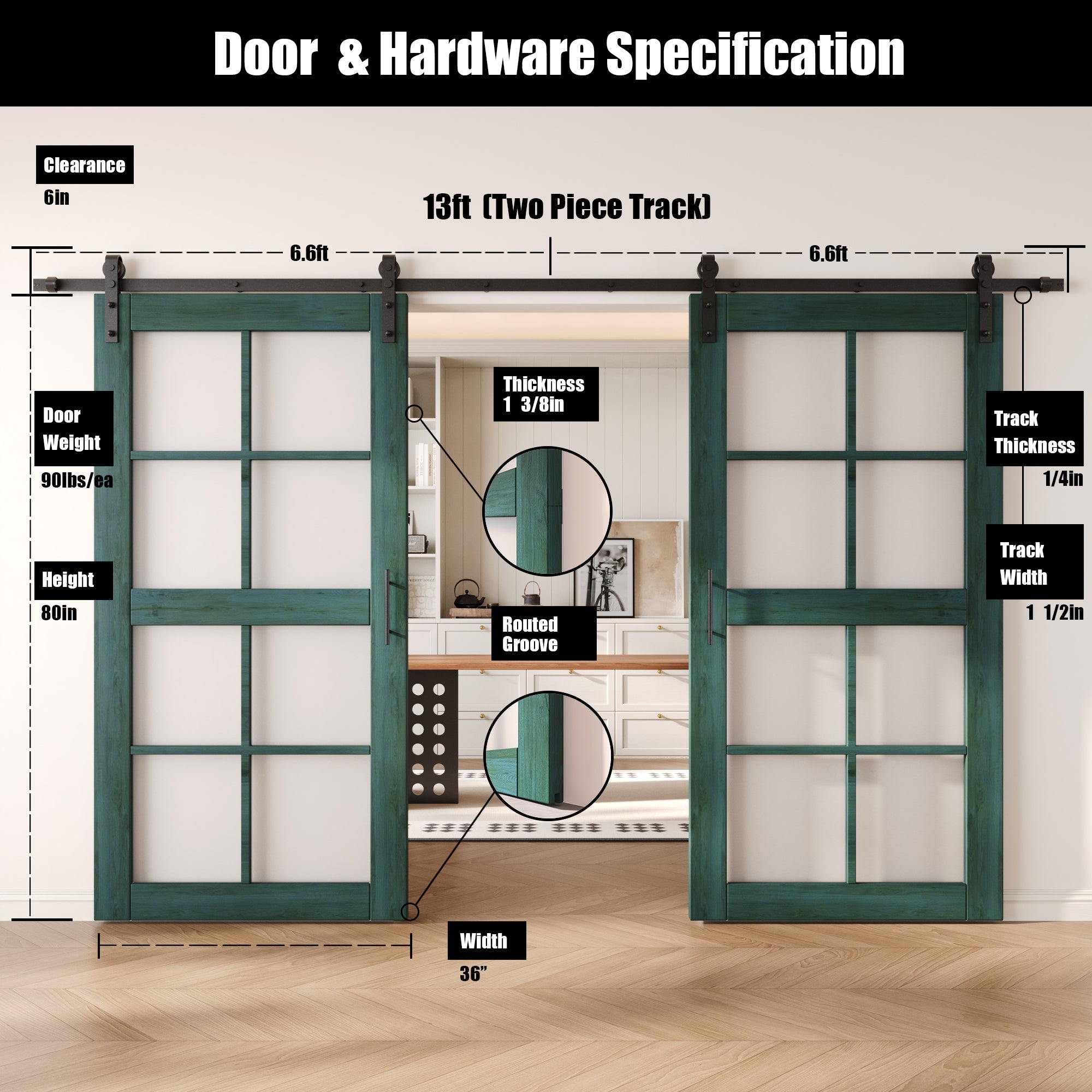 80" Height Royal Pine 8-Lite Frosted Glass Double Unassembled & Finished Pine Wood Barn Doors with Non-Bypass Installation Hardware Kit (Interior Use Only)