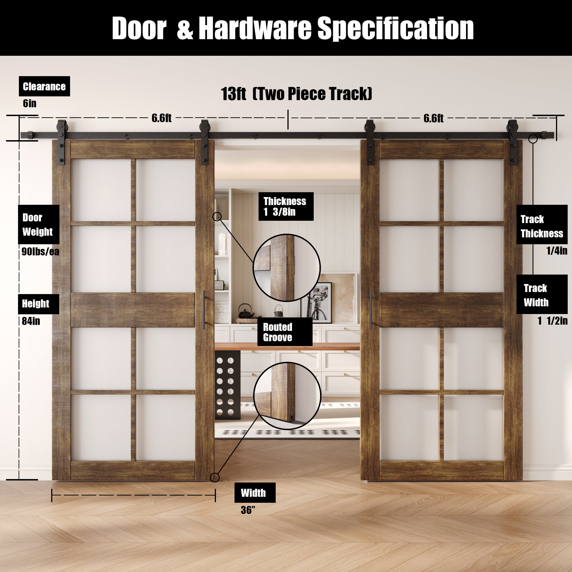 84" Height Dark Walnut 8-Lite Frosted Glass Double Unassembled & Finished Pine Wood Barn Doors with Non-Bypass Installation Hardware Kit (Interior Use Only)