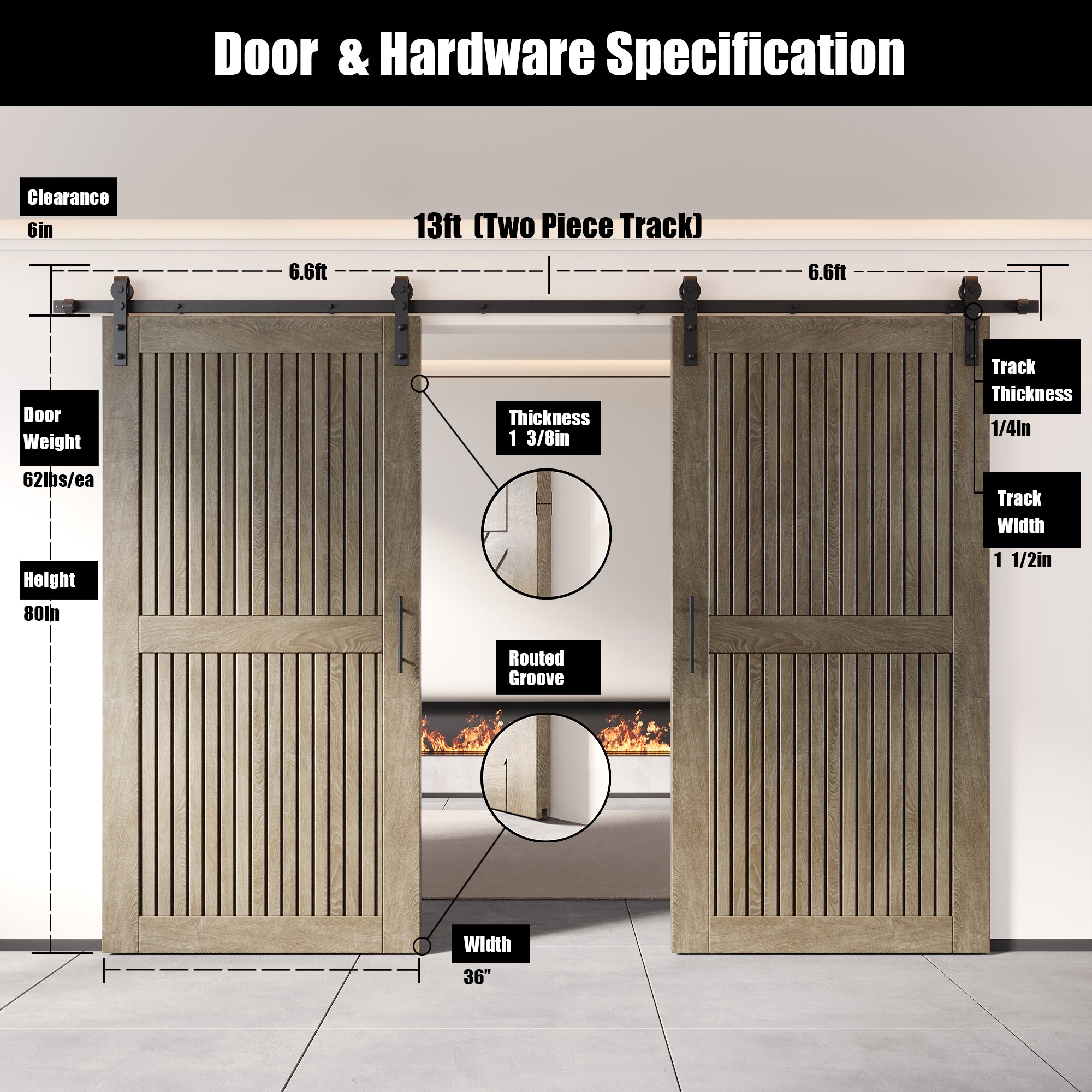 80" Height Classic Gray Vertical Stripe Design Unassembled & Finished Double Pine Wood Barn Door with Non-Bypass Installation Hardware Kit(Interior Use Only)