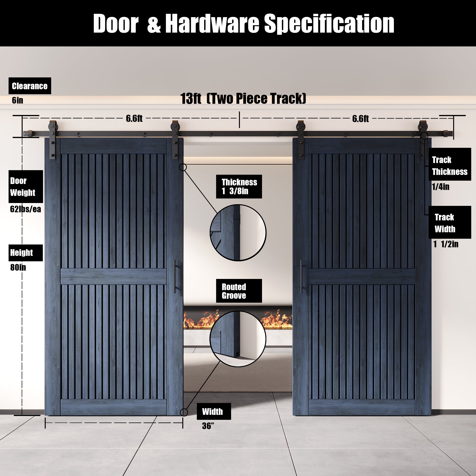 80" Height Navy Vertical Stripe Design Unassembled & Finished Double Pine Wood Barn Door with Non-Bypass Installation Hardware Kit(Interior Use Only)