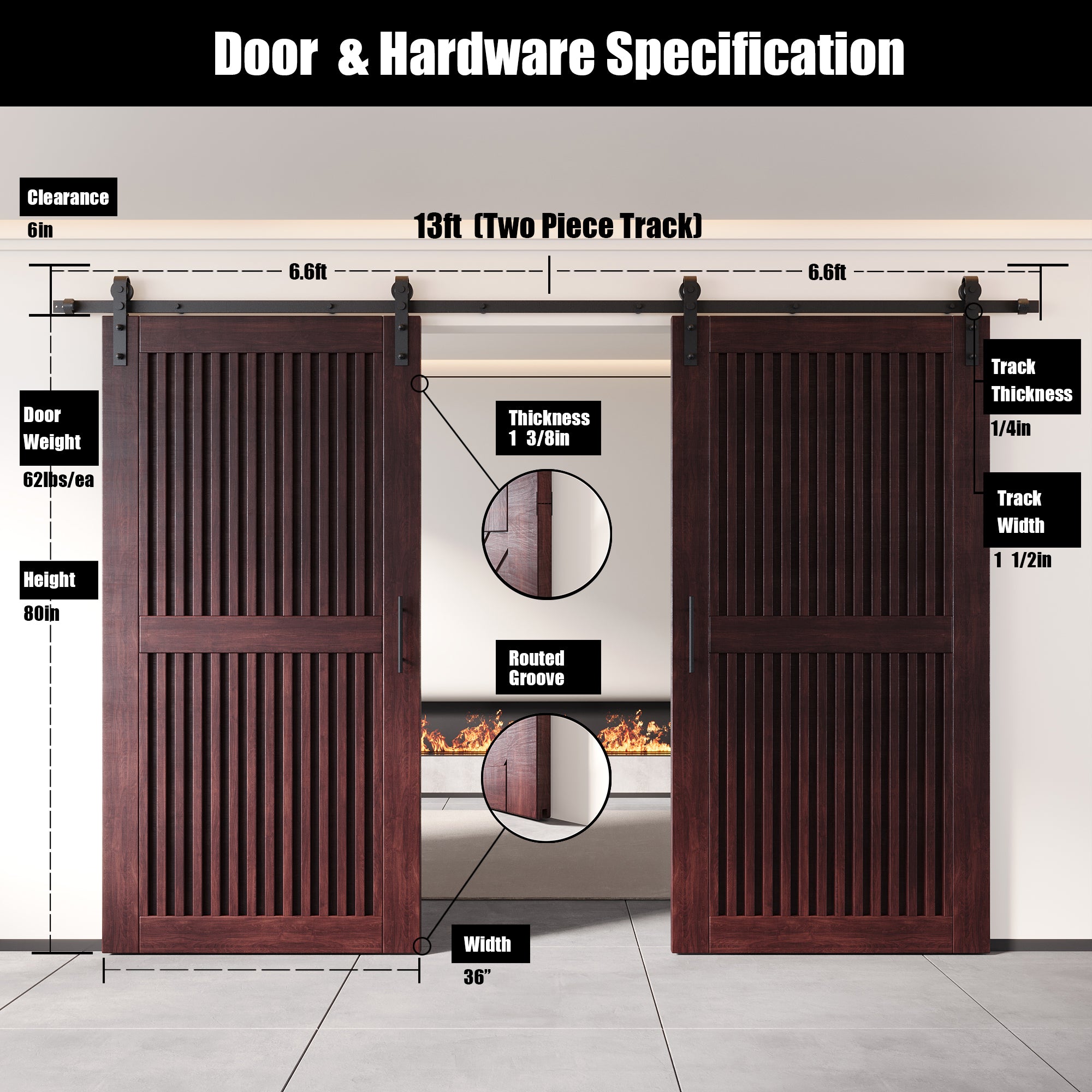 80" Height Red Mahogany Vertical Stripe Design Unassembled & Finished Double Pine Wood Barn Door with Non-Bypass Installation Hardware Kit(Interior Use Only)