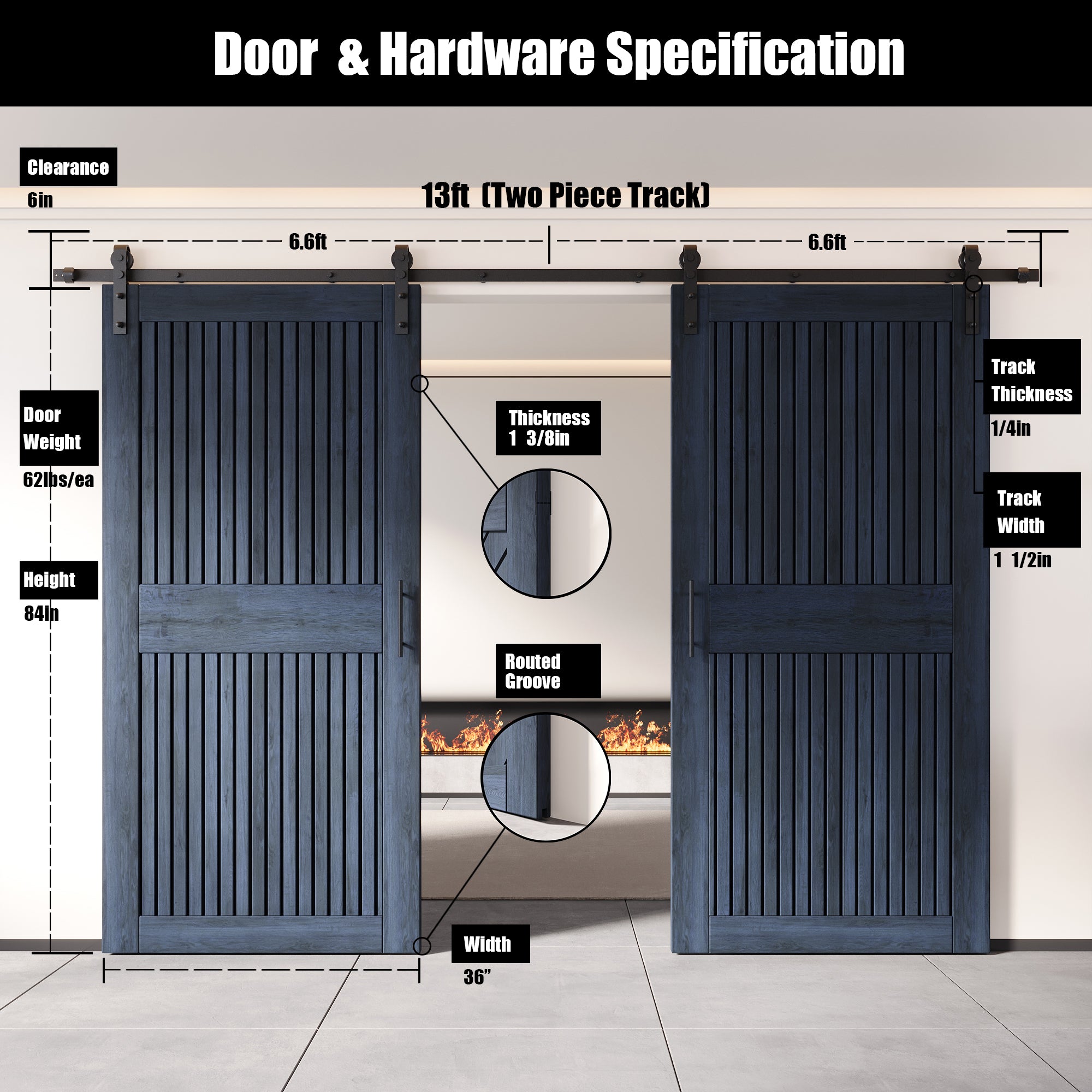 84" Height Navy Vertical Stripe Design Unassembled & Finished Double Pine Wood Barn Door with Non-Bypass Installation Hardware Kit(Interior Use Only)