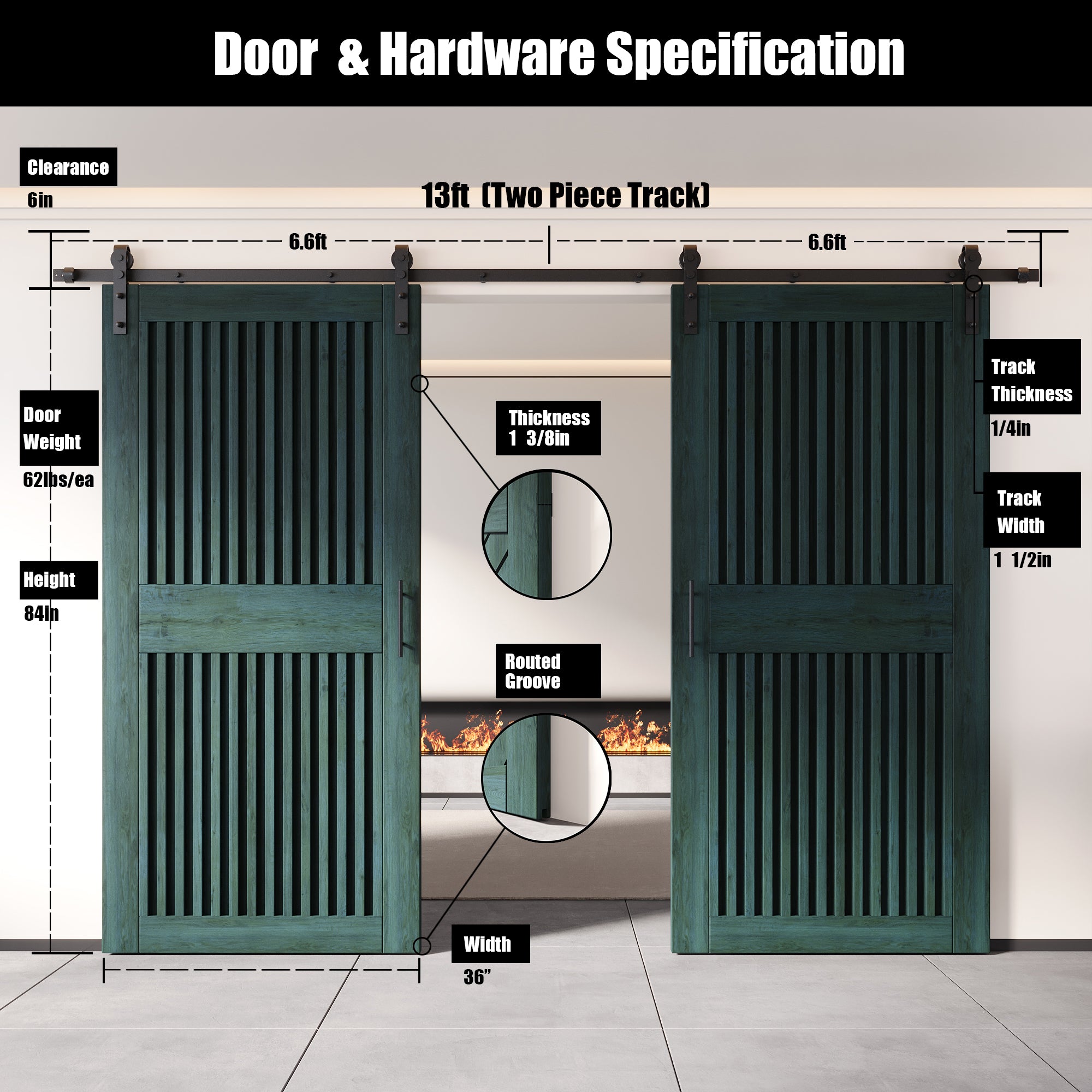 84" Height Royal Pine Vertical Stripe Design Unassembled & Finished Double Pine Wood Barn Door with Non-Bypass Installation Hardware Kit(Interior Use Only)