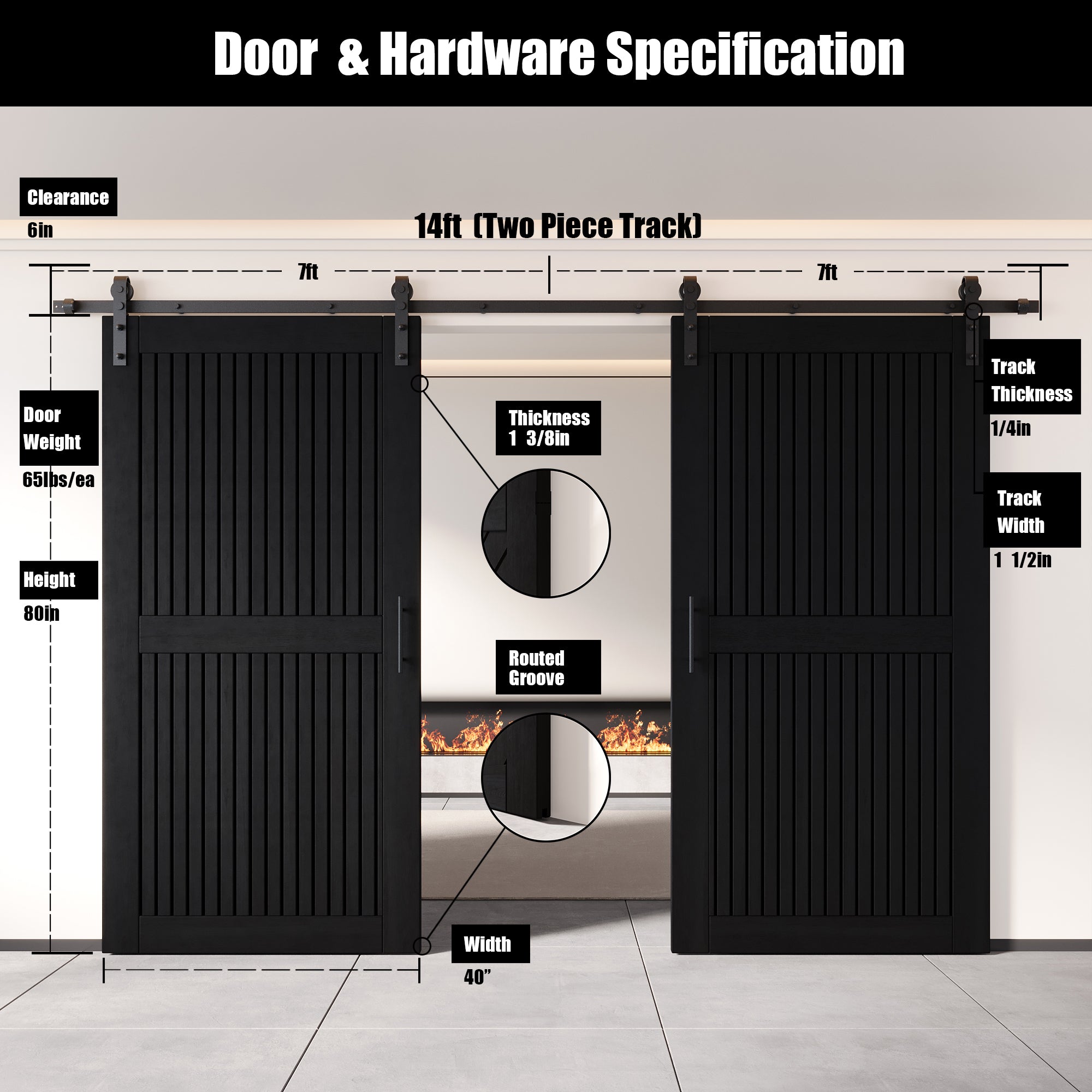 80" Height Black Vertical Stripe Design Unassembled & Finished Double Pine Wood Barn Door with Non-Bypass Installation Hardware Kit(Interior Use Only)