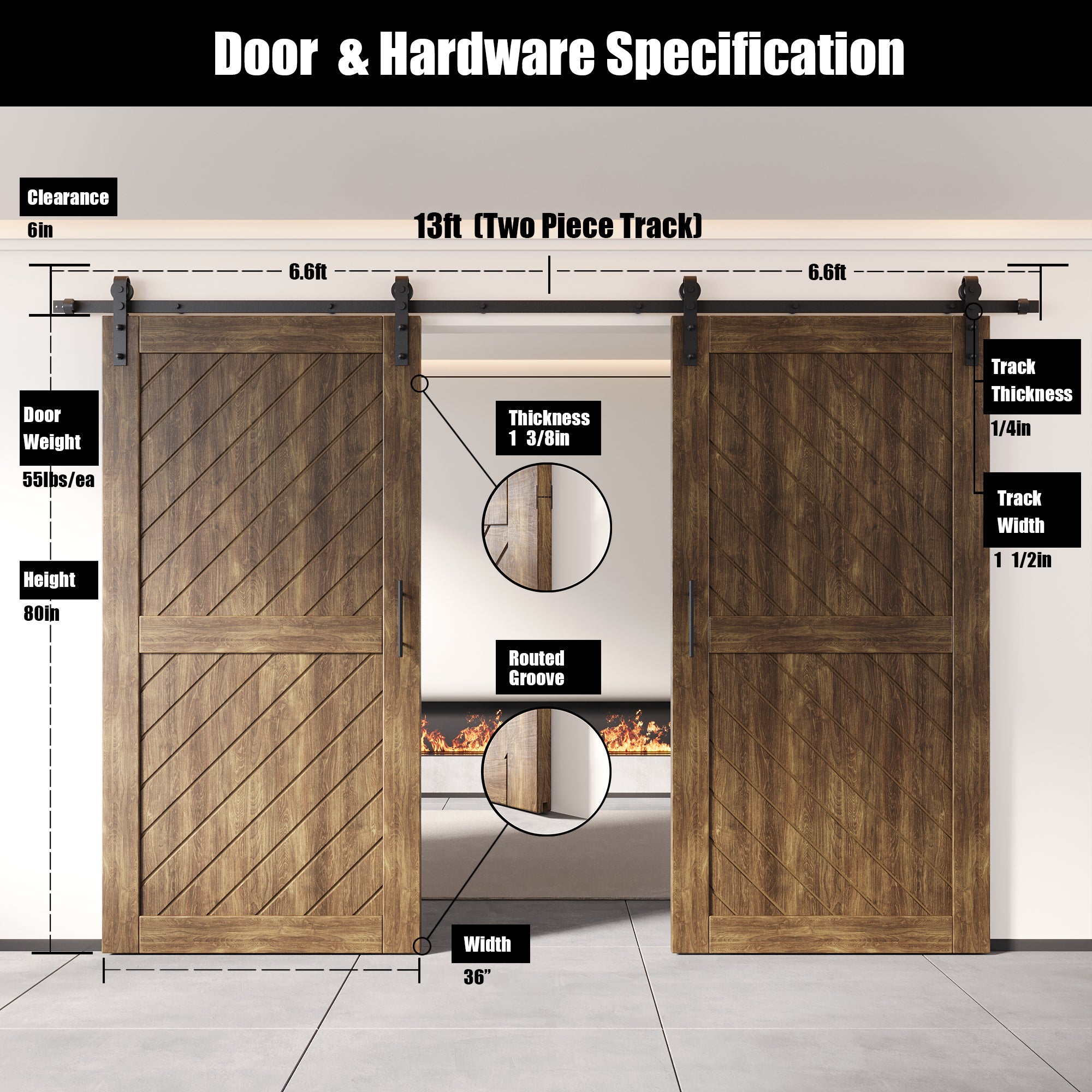 dark walnut double barn door, 80-inch, non-bypass installation