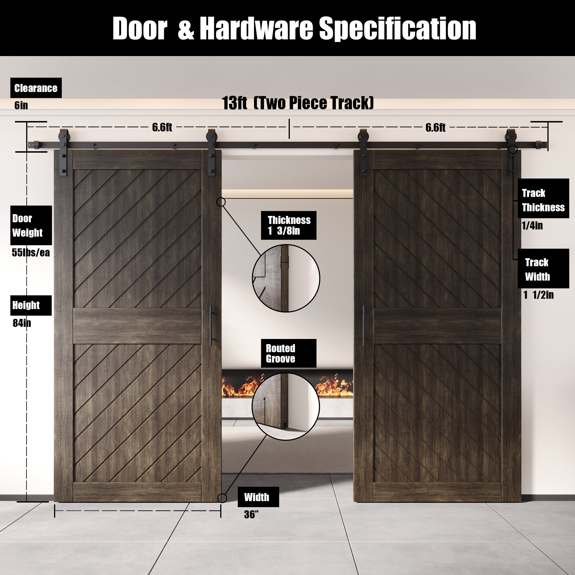 finished double pine barn door with hardware kit