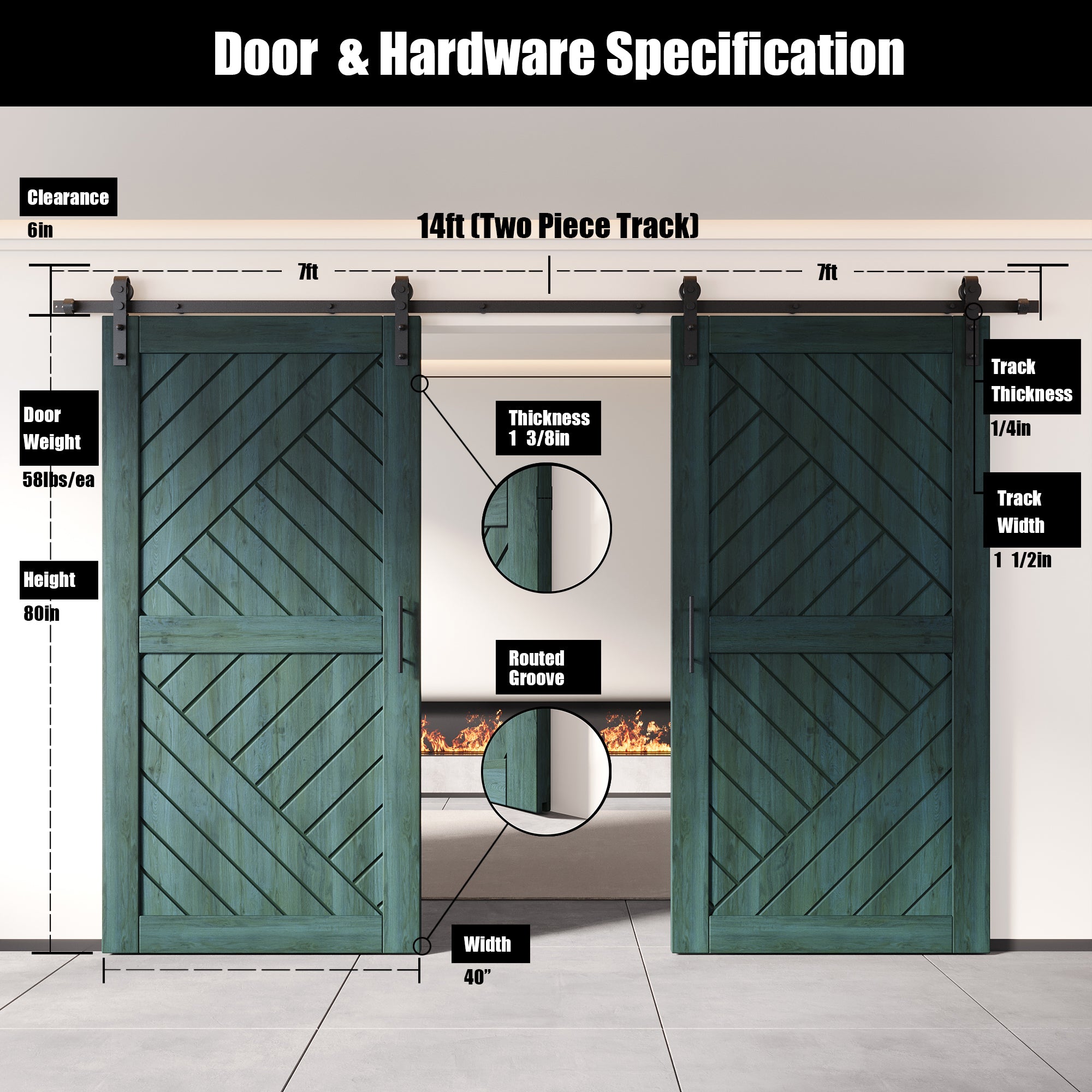 80" Height Royal Pine Geometric Design Unassembled & Finished Double Pine Wood Barn Door with Non-Bypass Installation Hardware Kit(Interior Use Only)