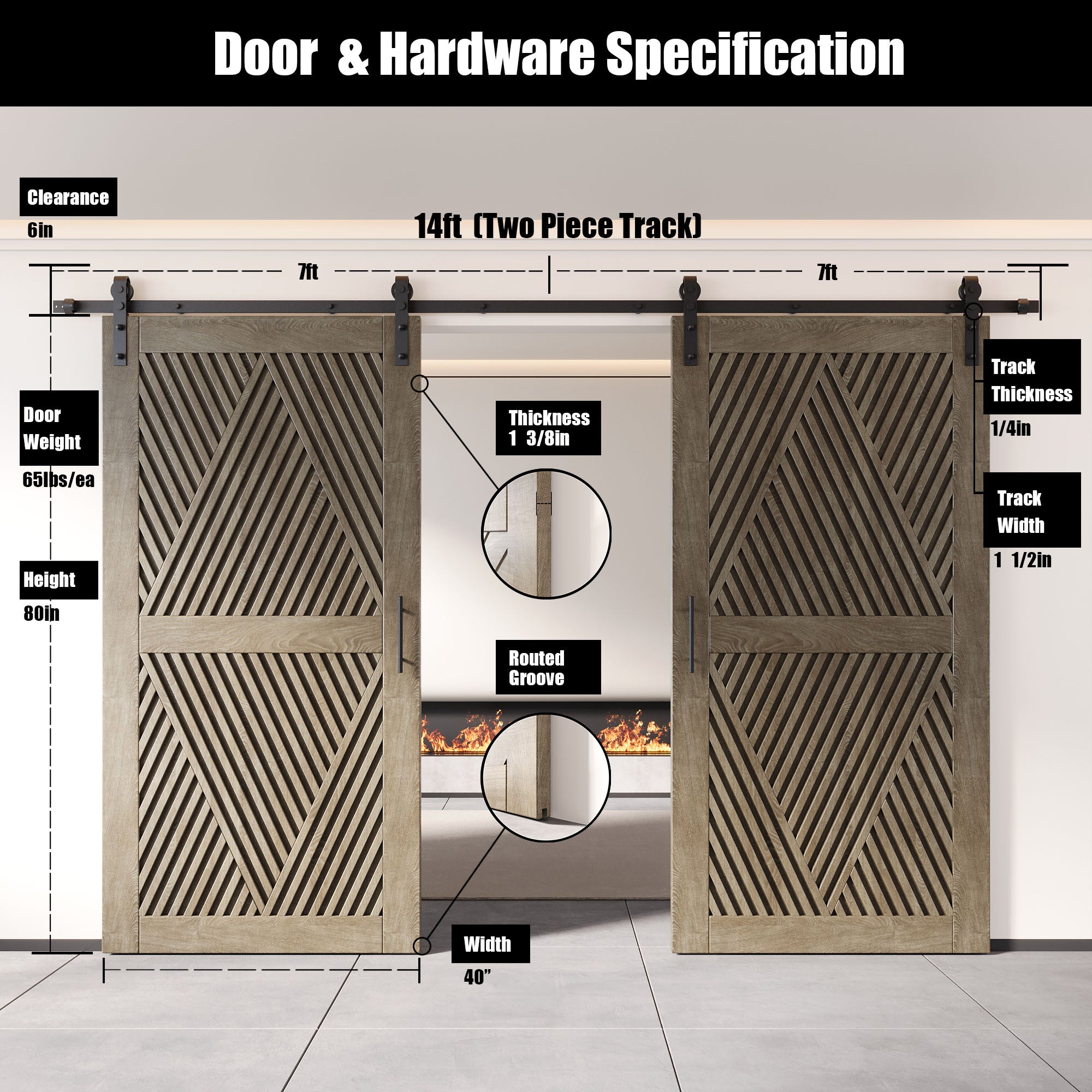 80" Height Classic Gray Diamond Design Unassembled & Finished Double Pine Wood Barn Door with Non-Bypass Installation Hardware Kit(Interior Use Only)