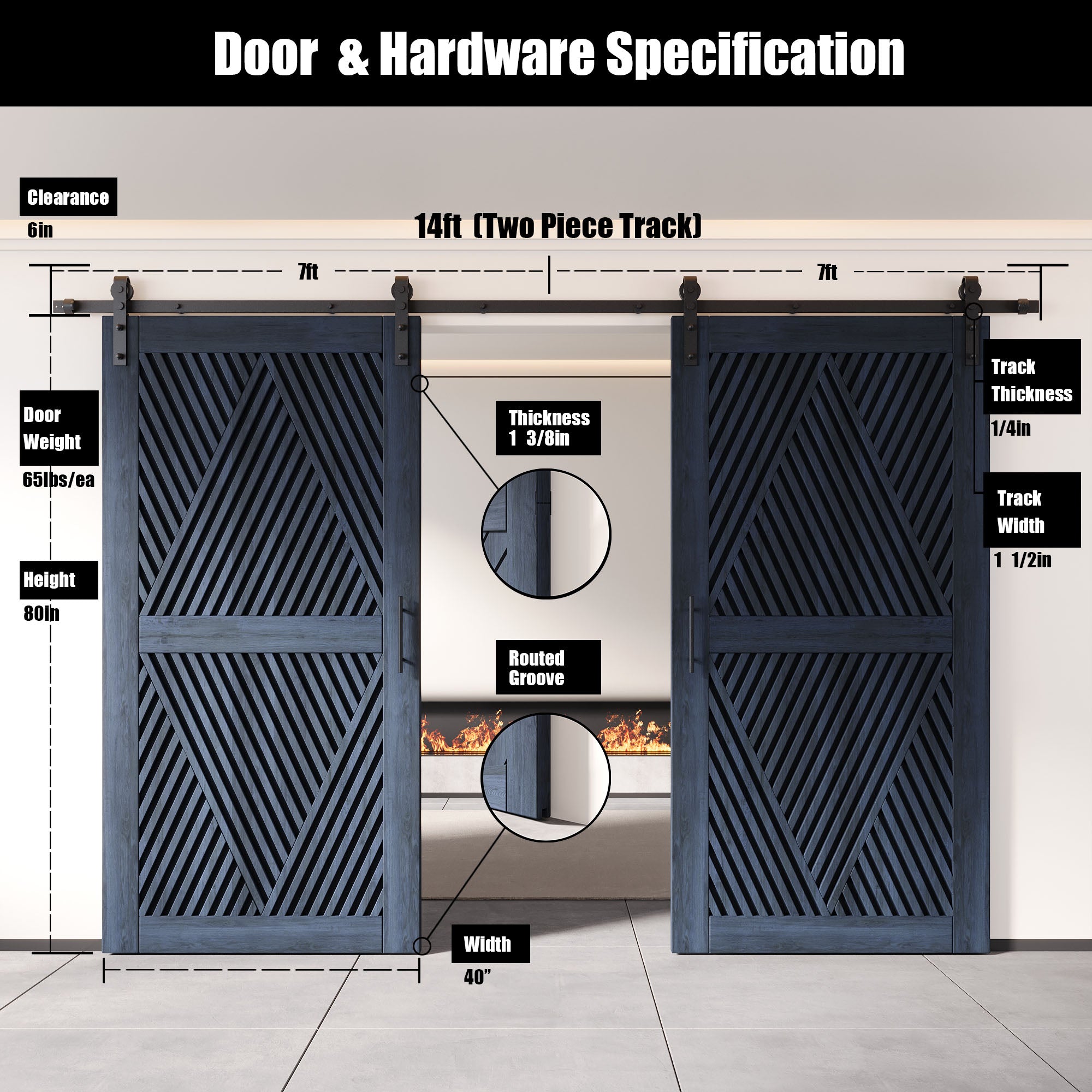 80" Height Navy Diamond Design Unassembled & Finished Double Pine Wood Barn Door with Non-Bypass Installation Hardware Kit(Interior Use Only)