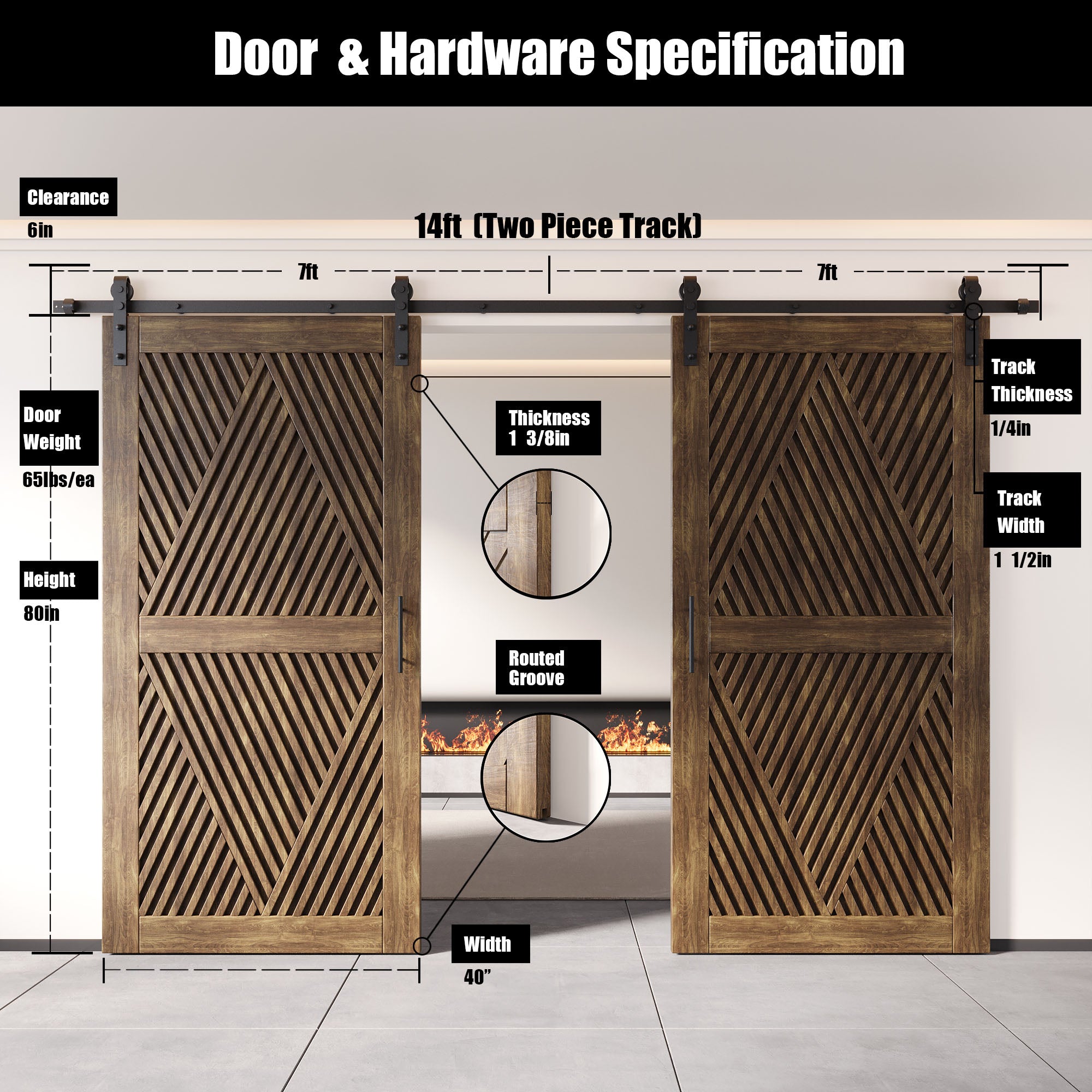80" Height Dark Walnut Diamond Design Unassembled & Finished Double Pine Wood Barn Door with Non-Bypass Installation Hardware Kit(Interior Use Only)