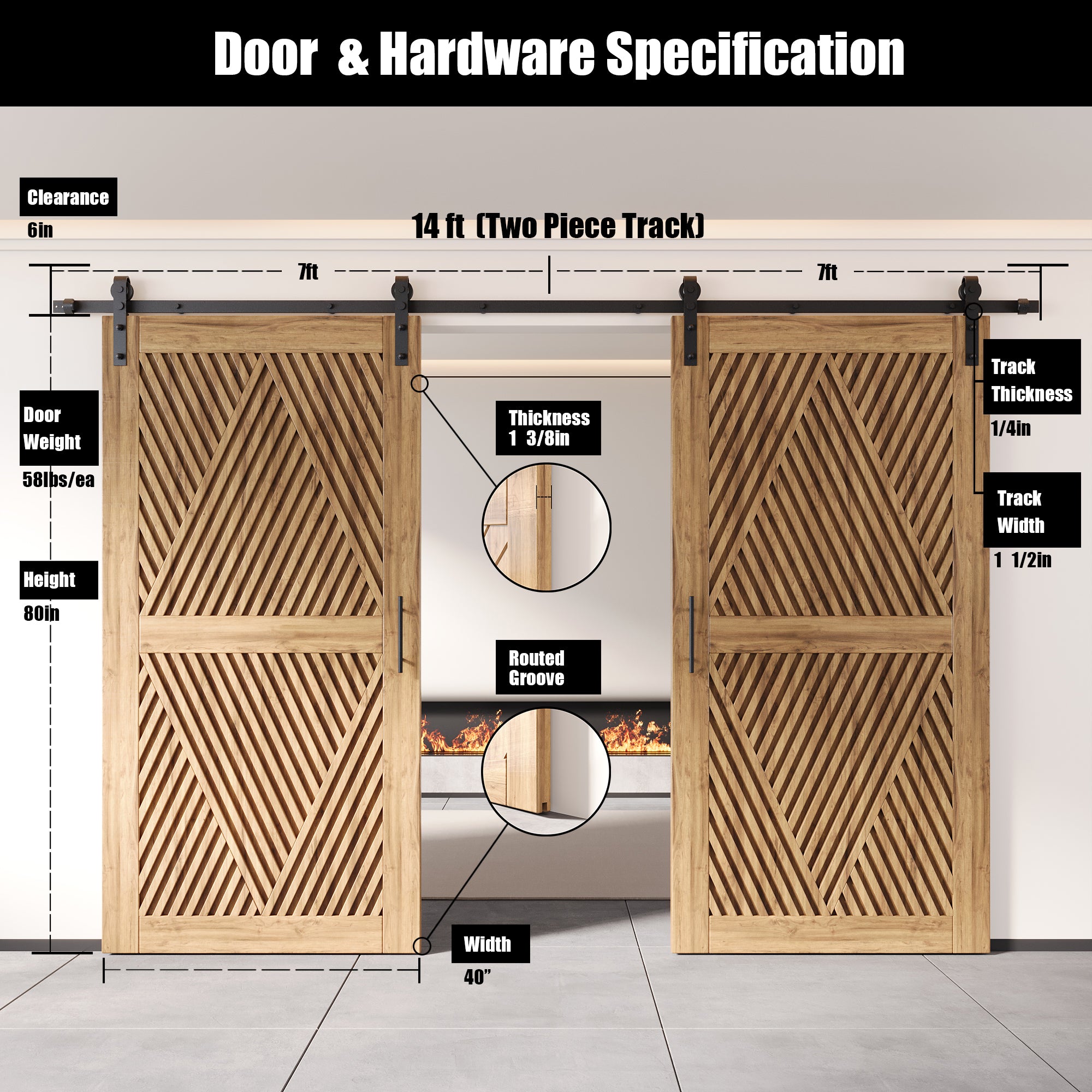 80" Height Diamond Design Unassembled & Unfinished Double Pine Wood Barn Door with Non-Bypass Installation Hardware Kit(Interior Use Only)