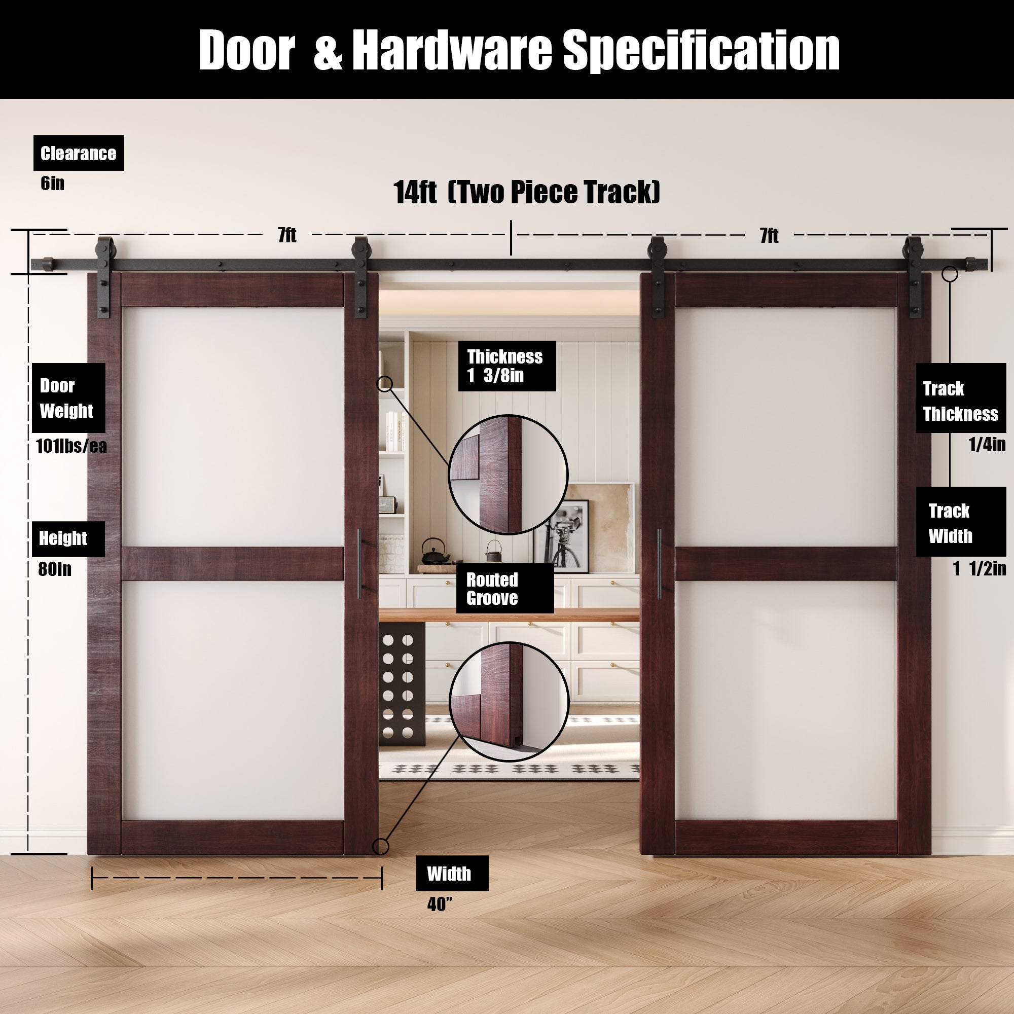 80" Height Red Mahogany 2-Lite Frosted Glass Double Unassembled & Finished Pine Wood Barn Doors with Non-Bypass Installation Hardware Kit (Interior Use Only)