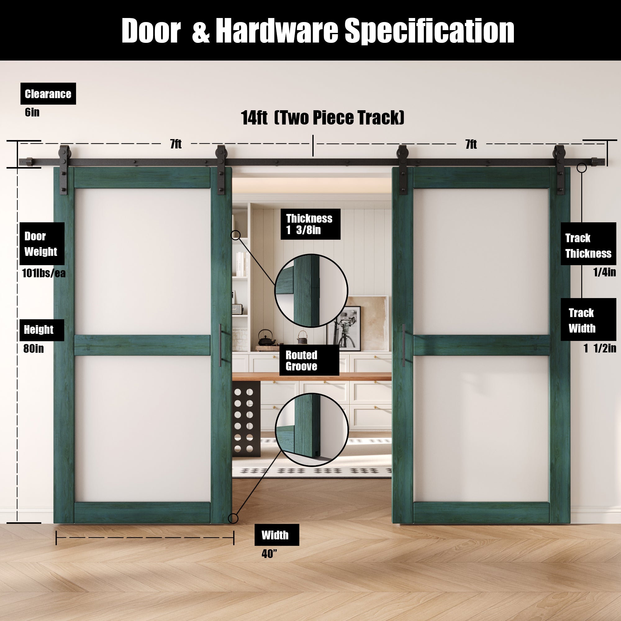 80" Height Royal Pine 2-Lite Frosted Glass Double Unassembled & Finished Pine Wood Barn Doors with Non-Bypass Installation Hardware Kit (Interior Use Only)
