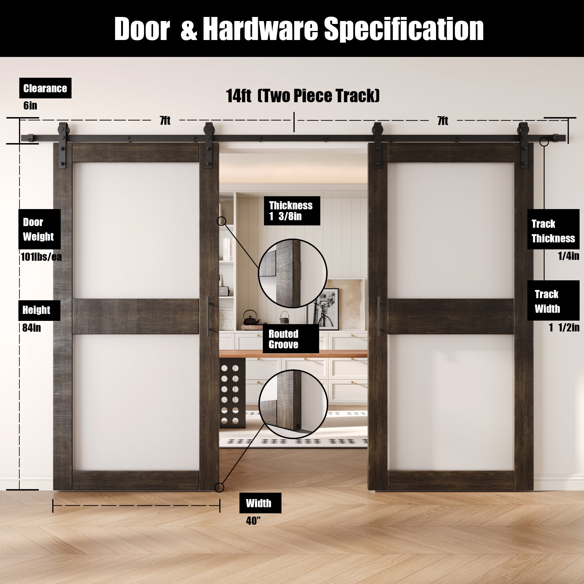 84" Height Ebony 2-Lite Frosted Glass Double Unassembled & Finished Pine Wood Barn Doors with Non-Bypass Installation Hardware Kit (Interior Use Only)