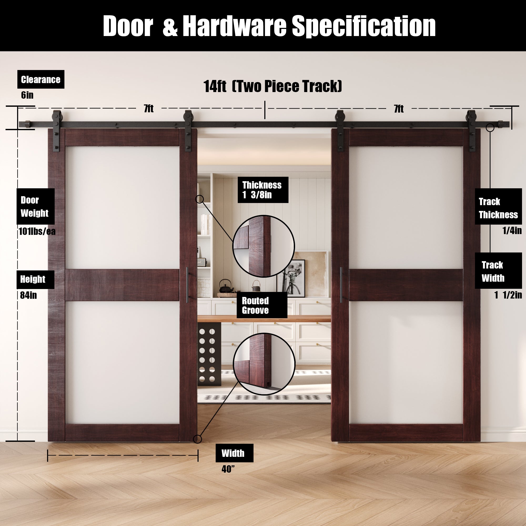 84" Height Red Mahogany 2-Lite Frosted Glass Double Unassembled & Finished Pine Wood Barn Doors with Non-Bypass Installation Hardware Kit (Interior Use Only)