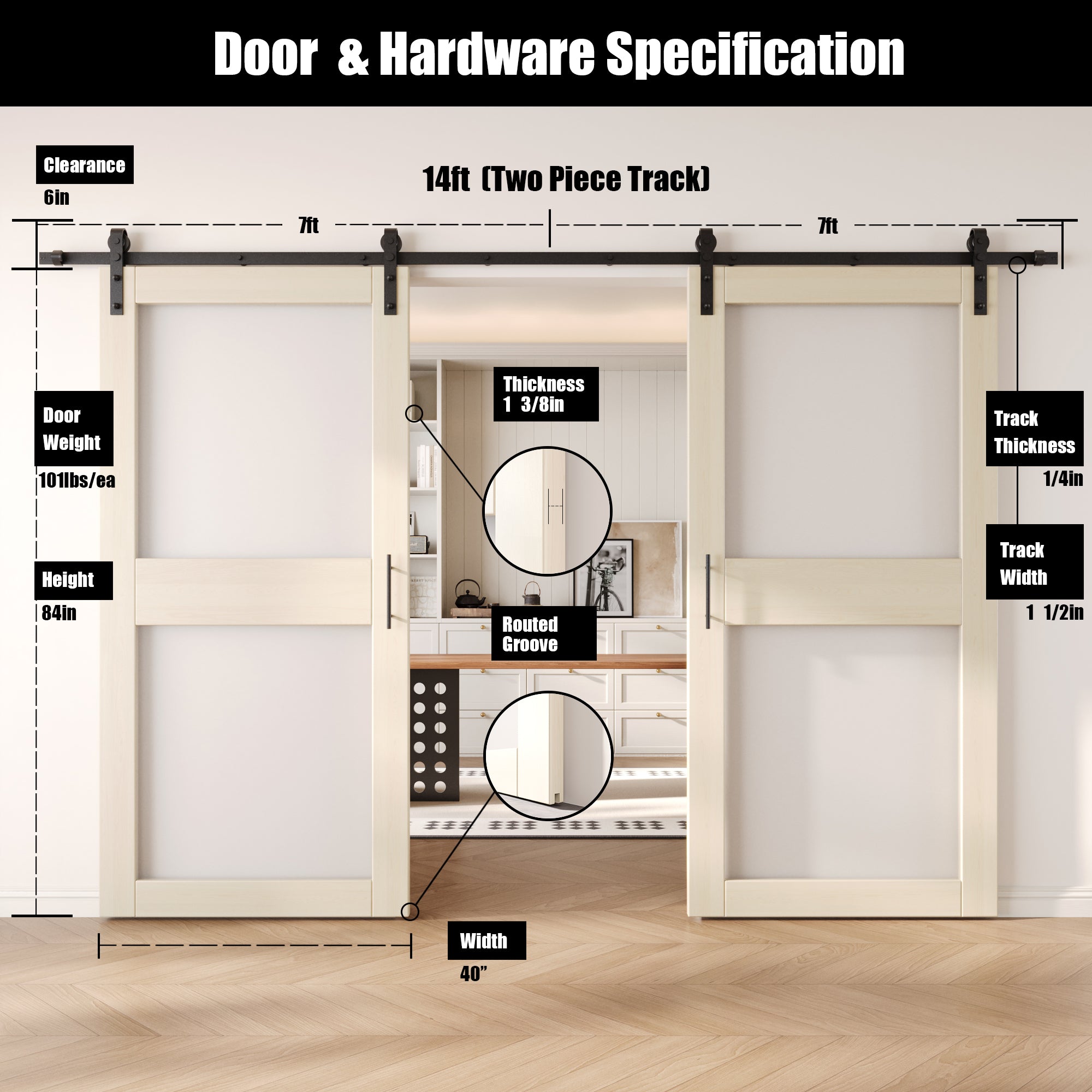 84" Height Tinsmith Gray 2-Lite Frosted Glass Double Unassembled & Finished Pine Wood Barn Doors with Non-Bypass Installation Hardware Kit (Interior Use Only)