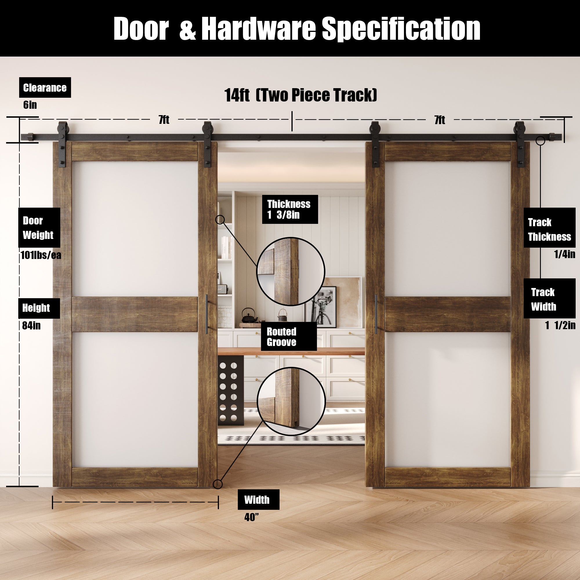 84" Height Dark Walnut 2-Lite Frosted Glass Double Unassembled & Finished Pine Wood Barn Doors with Non-Bypass Installation Hardware Kit (Interior Use Only)