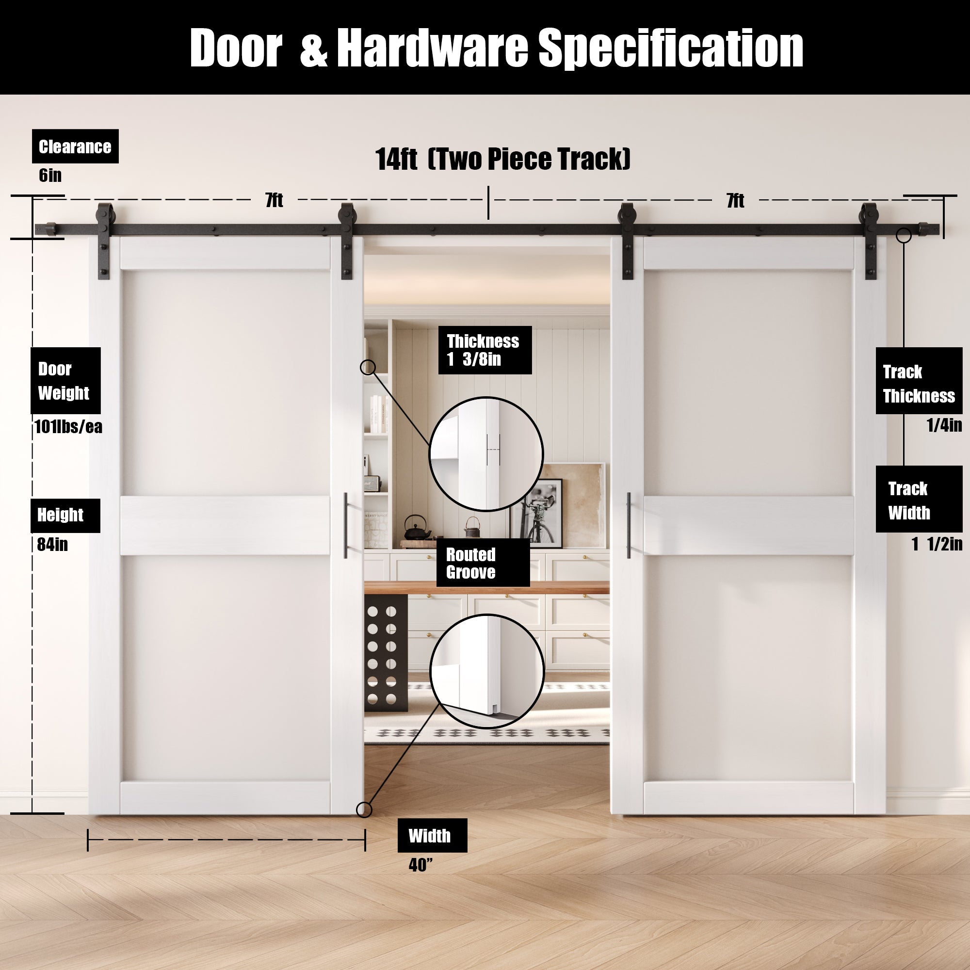 84" Height White 2-Lite Frosted Glass Double Unassembled & Finished Pine Wood Barn Doors with Non-Bypass Installation Hardware Kit (Interior Use Only)