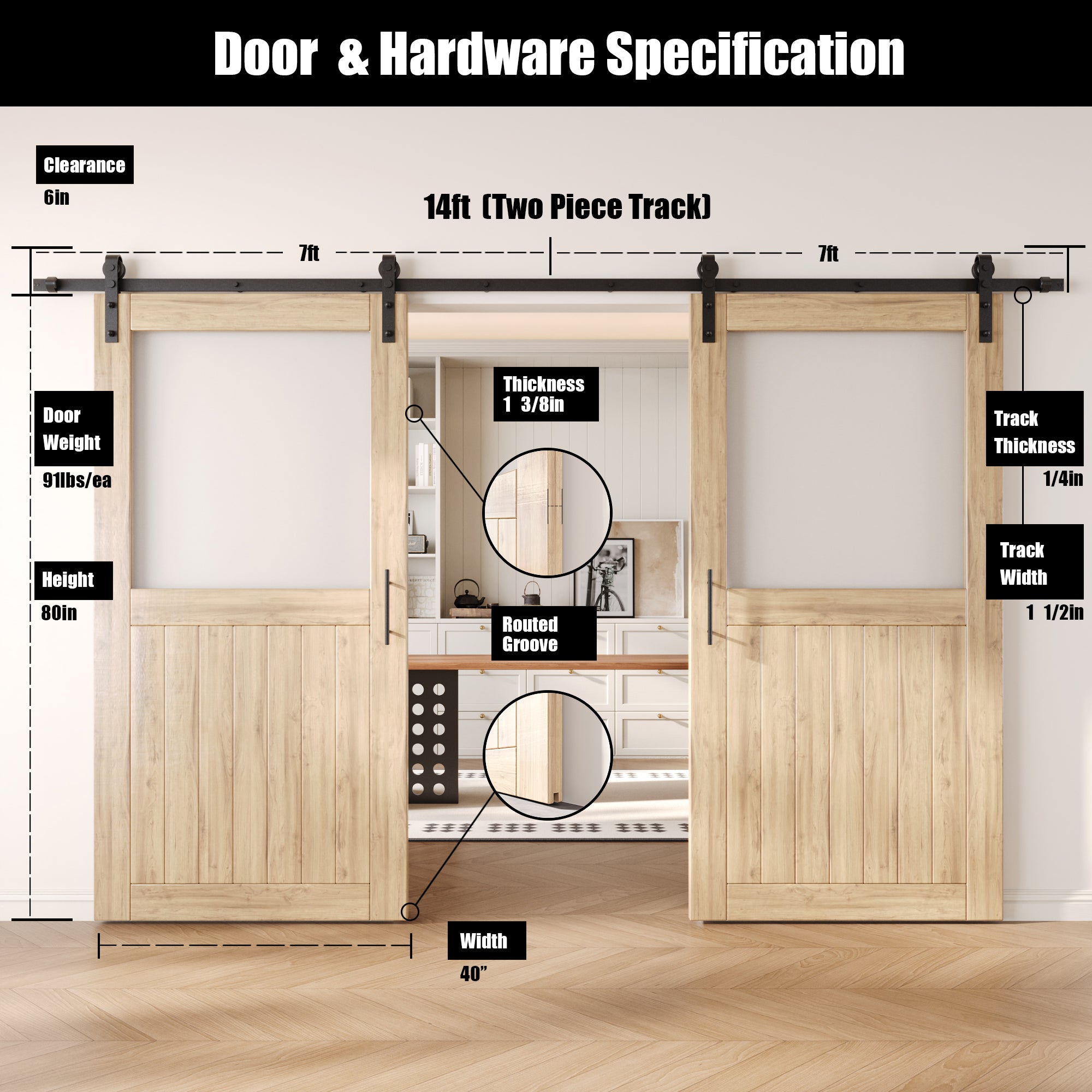 80" Height Half Lite Frosted Glass Double Unassembled & Unfinished Pine Wood Barn Door with Non-Bypass Installation Hardware Kit (Interior Use Only)