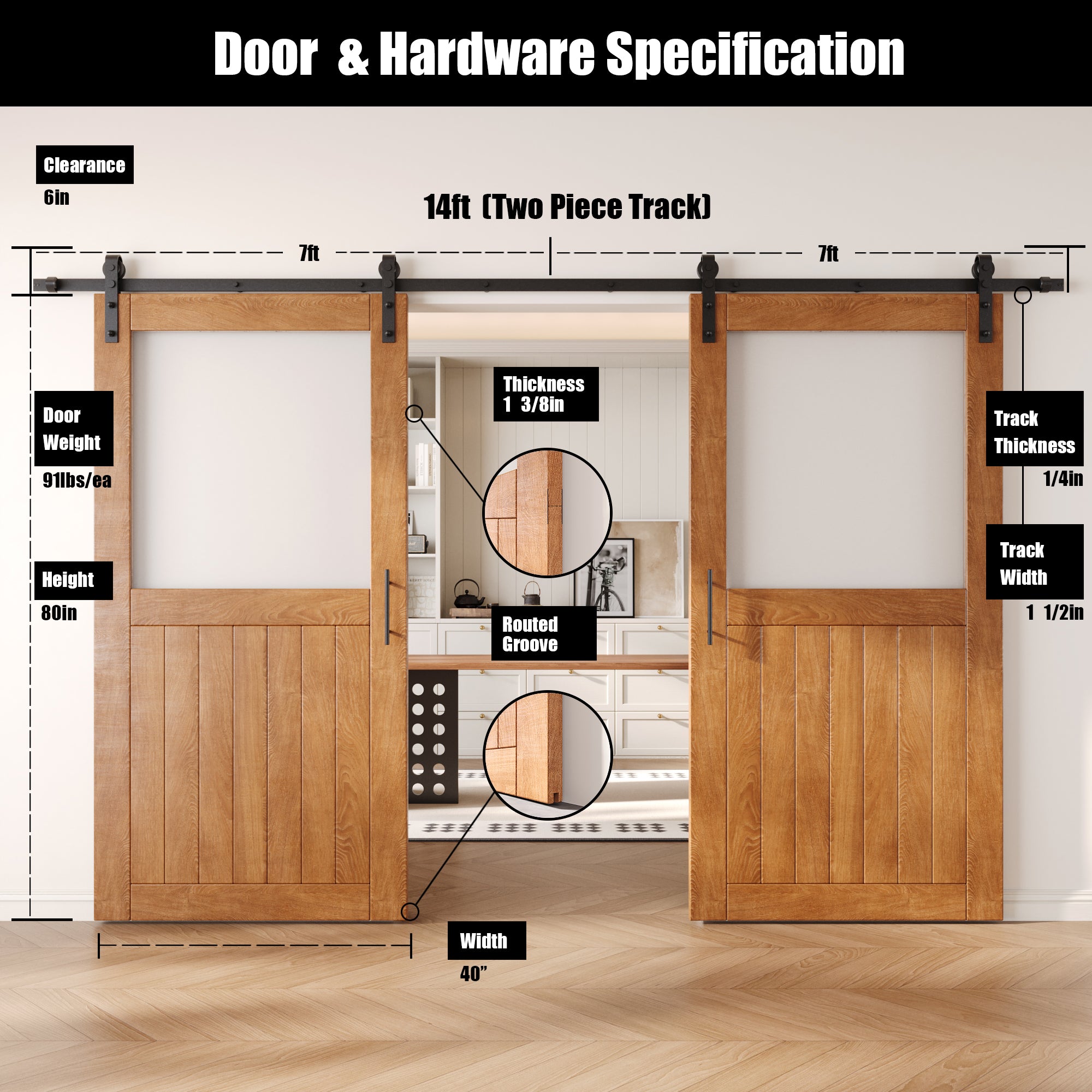 80" Height Early American Half Lite Frosted Glass Double Unassembled & Finished Pine Wood Barn Door with Non-Bypass Installation Hardware Kit (Interior Use Only)