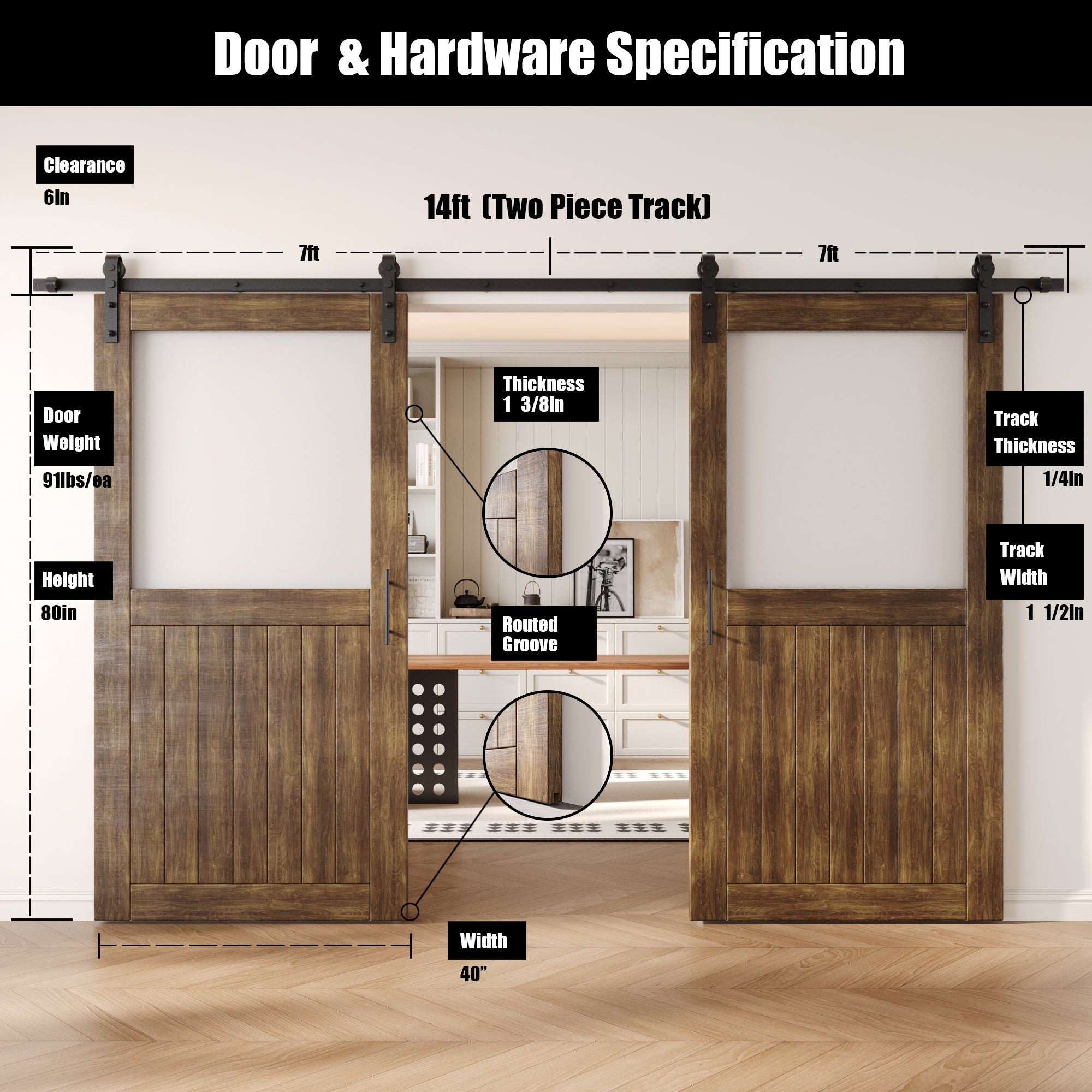 80" Height Dark Walnut Half Lite Frosted Glass Double Unassembled & Finished Pine Wood Barn Door with Non-Bypass Installation Hardware Kit (Interior Use Only)