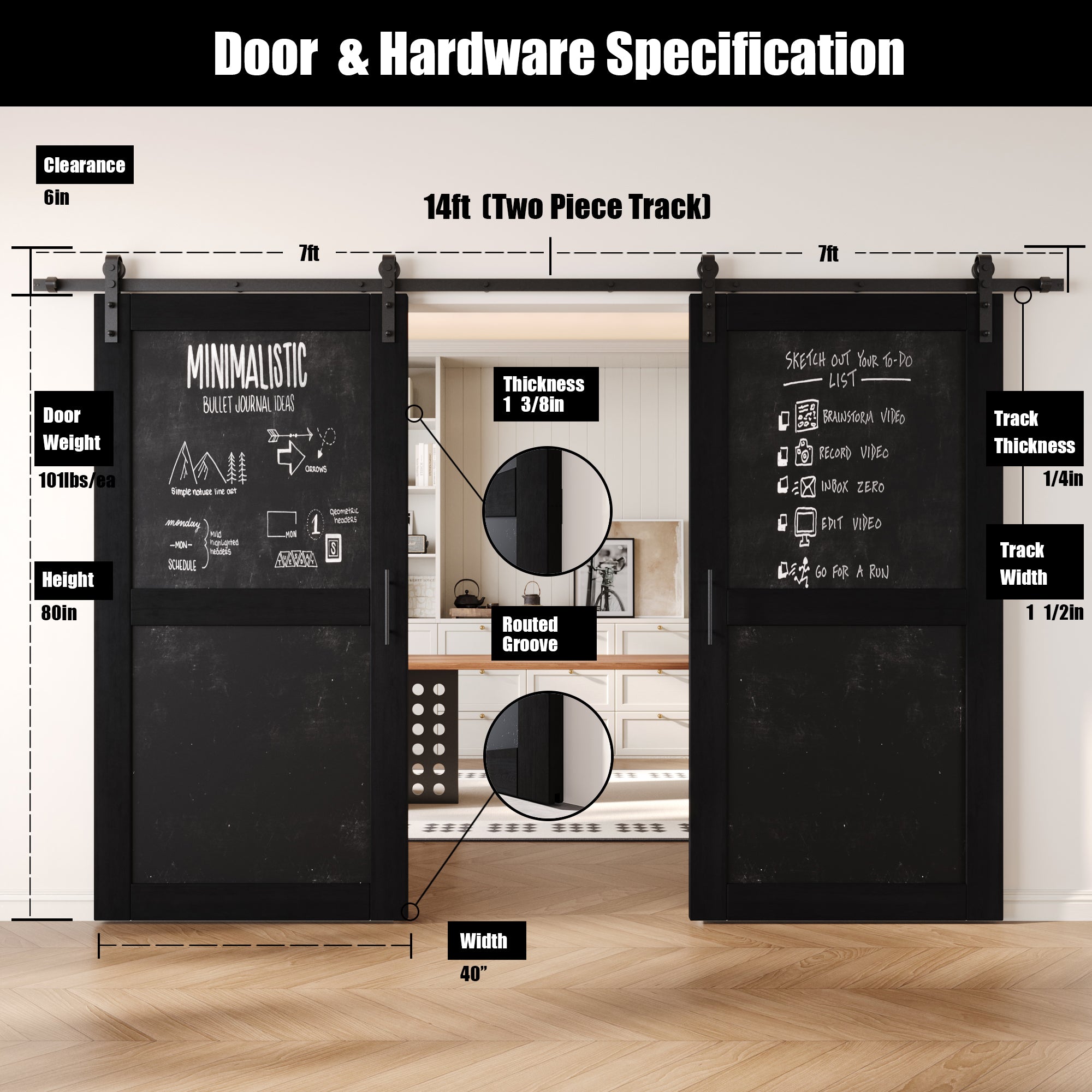 80" Height Black Chalkboard Design Double Unassembled & Finished Pine Wood Barn Doors with Non-Bypass Installation Hardware Kit (Interior Use Only)