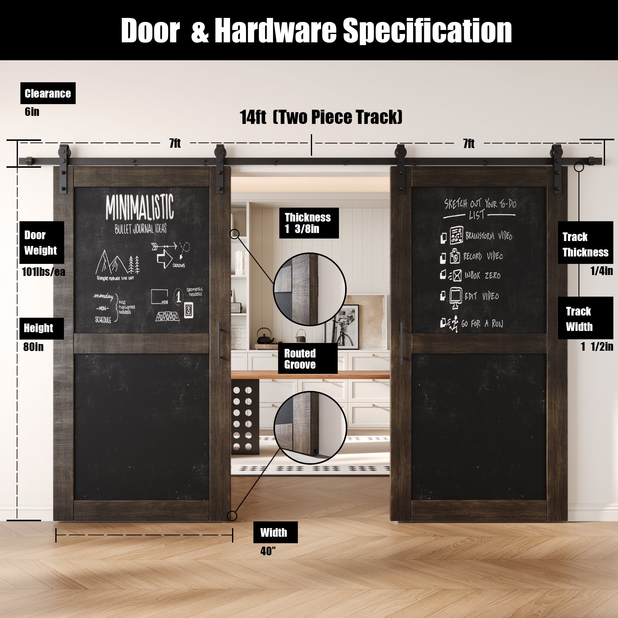 80" Height Ebony Chalkboard Design Double Unassembled & Finished Pine Wood Barn Doors with Non-Bypass Installation Hardware Kit (Interior Use Only)