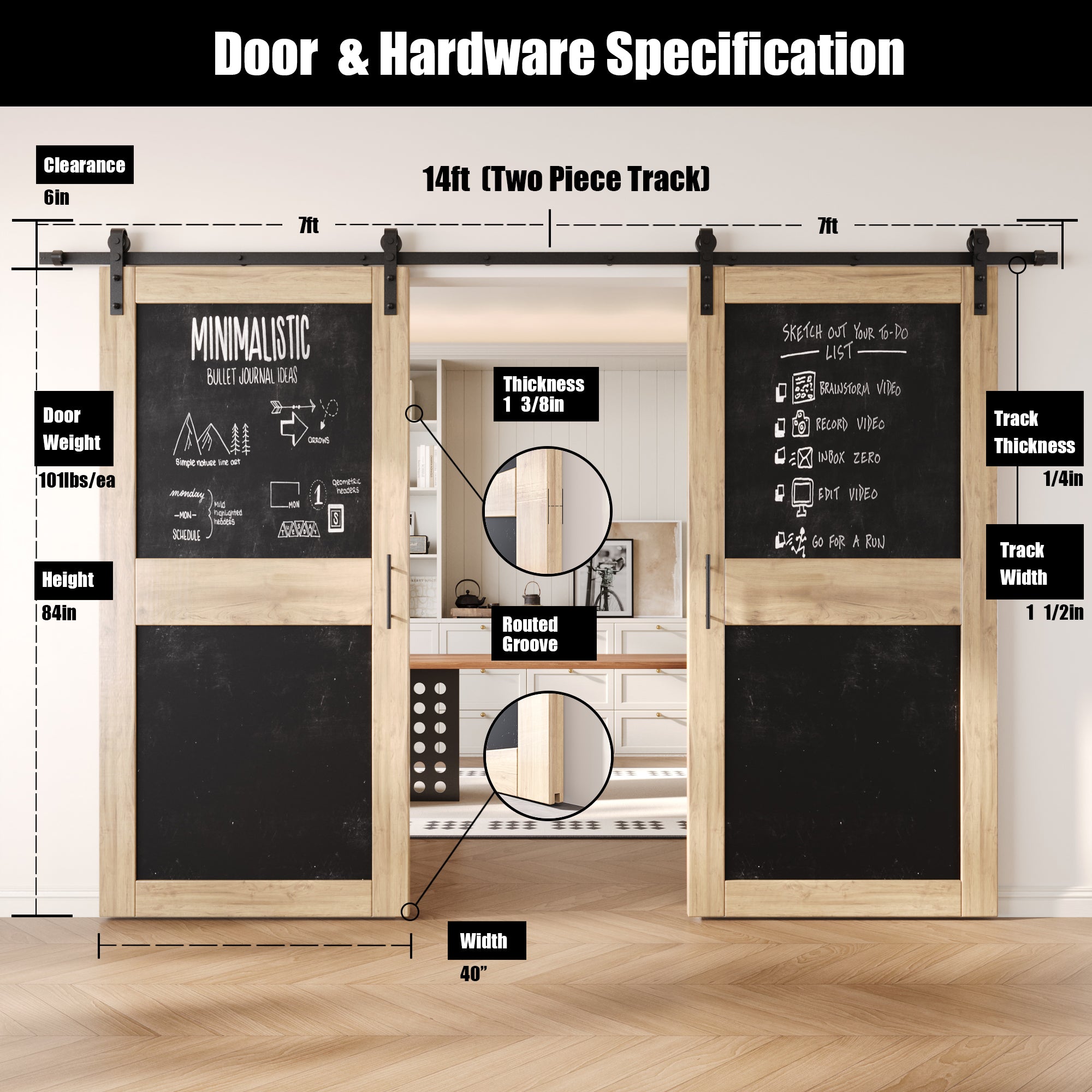 84" Height Chalkboard Design Double Unassembled & Unfinished Pine Wood Barn Doors with Non-Bypass Installation Hardware Kit (Interior Use Only)
