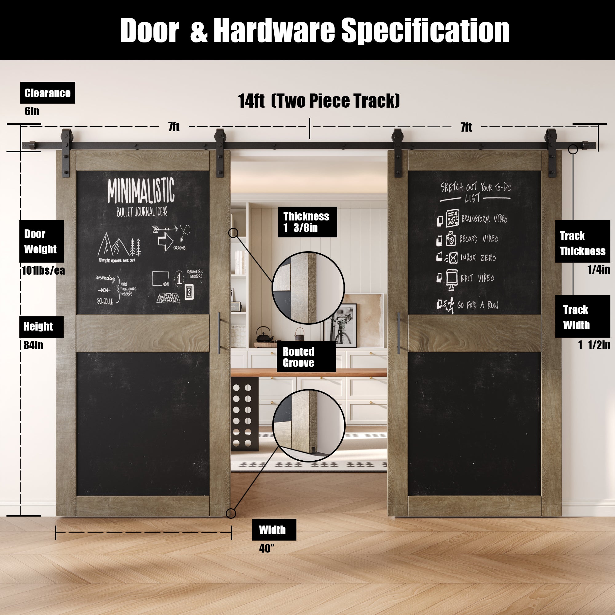 84" Height Classic Gray Chalkboard Design Double Unassembled & Finished Pine Wood Barn Doors with Non-Bypass Installation Hardware Kit (Interior Use Only)