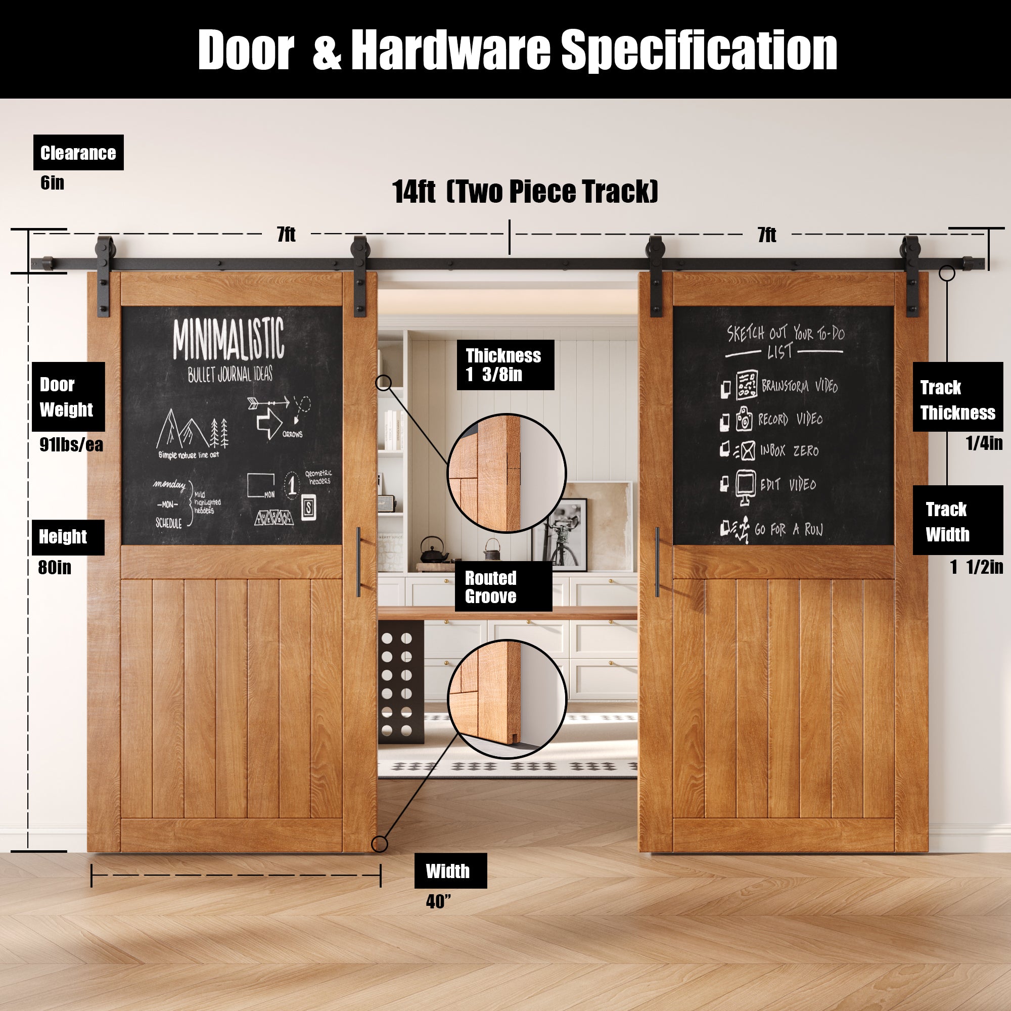 80" Height Early American Top Chalkboard Panel Double Unassembled & Finished Pine Wood Barn Doors with Non-Bypass Installation Hardware Kit (Interior Use Only)