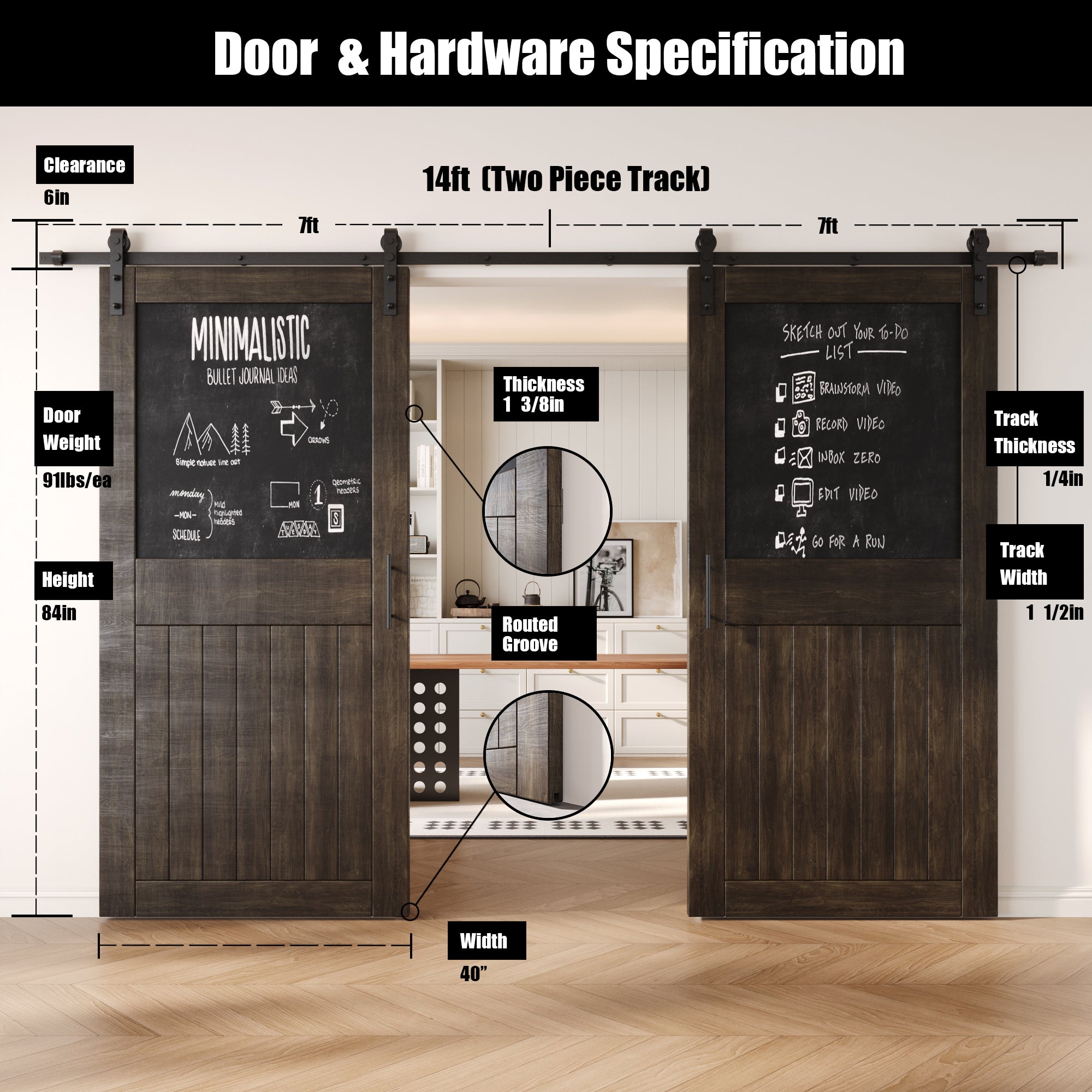 84" Height Ebony Top Chalkboard Panel Double Unassembled & Finished Pine Wood Barn Doors with Non-Bypass Installation Hardware Kit (Interior Use Only)