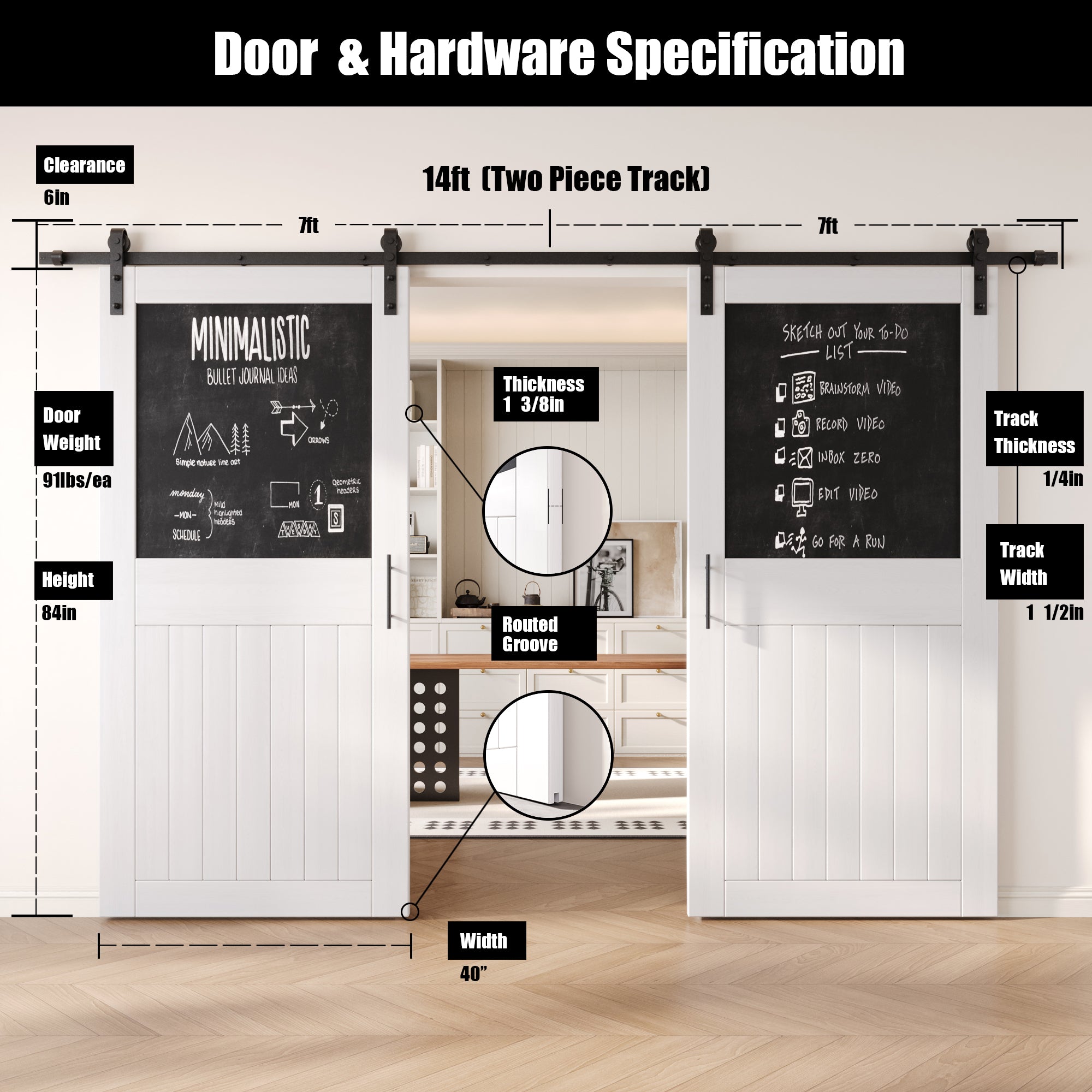 84" Height White Top Chalkboard Panel Double Unassembled & Finished Pine Wood Barn Doors with Non-Bypass Installation Hardware Kit (Interior Use Only)