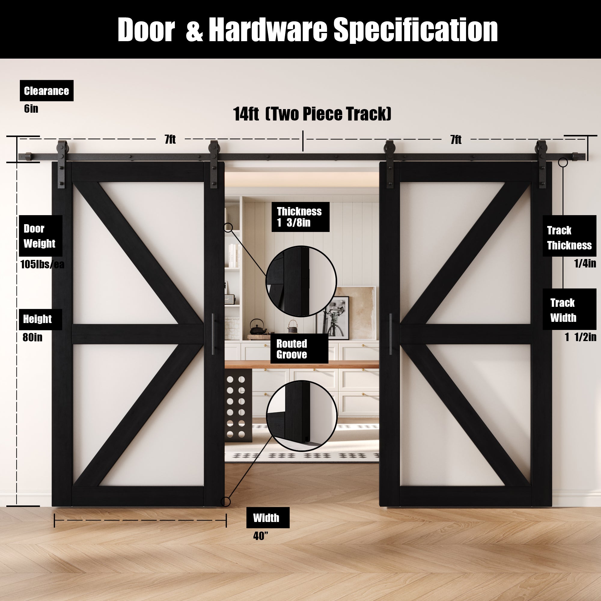 80" Height Black Frosted Glass Arrow Design Double Unassembled & Finished Pine Wood Barn Doors with Non-Bypass Installation Hardware Kit (Interior Use Only)
