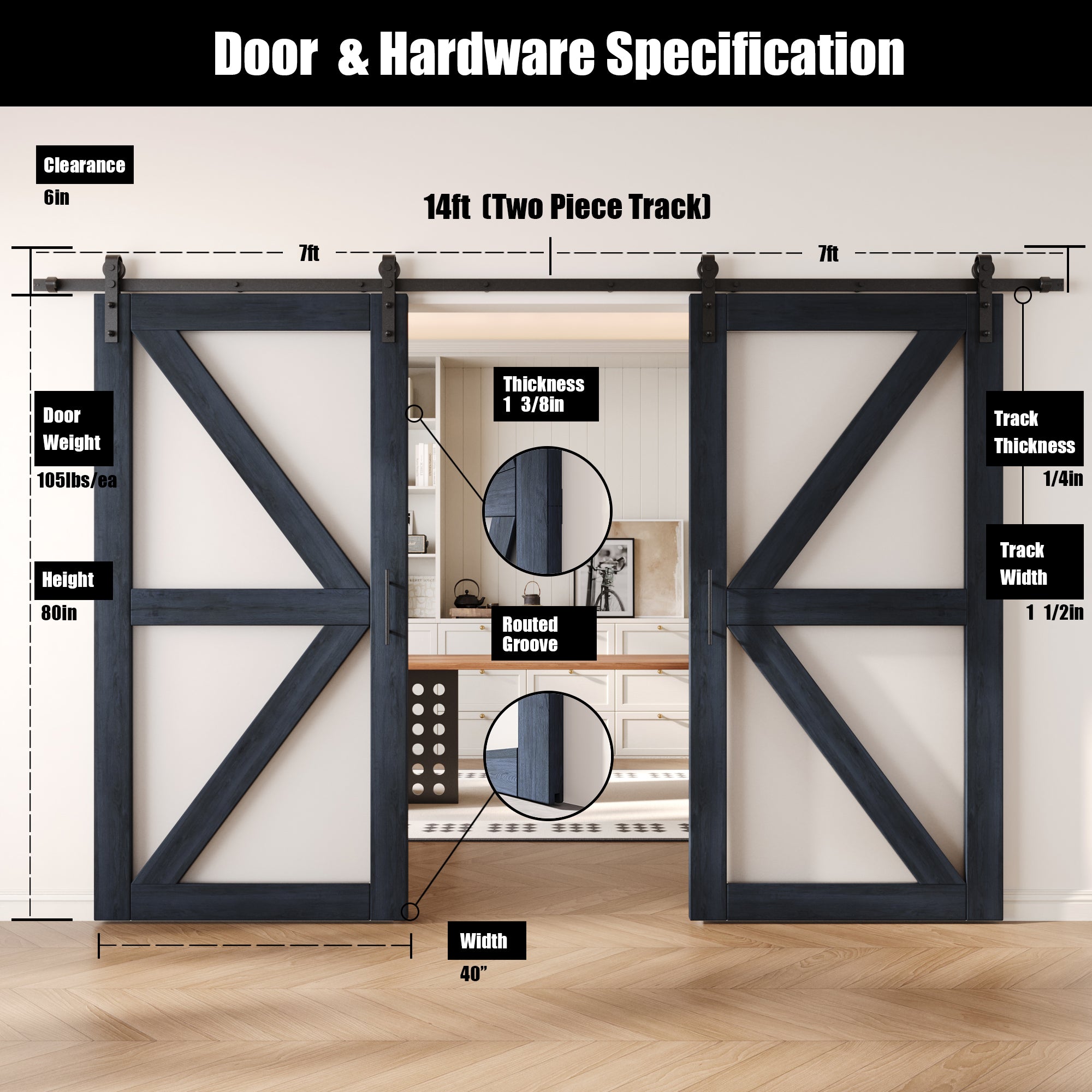 80" Height Navy Arrow Pattern Glass Double Unassembled & Finished Pine Wood Barn Doors with Non-Bypass Installation Hardware Kit (Interior Use Only)