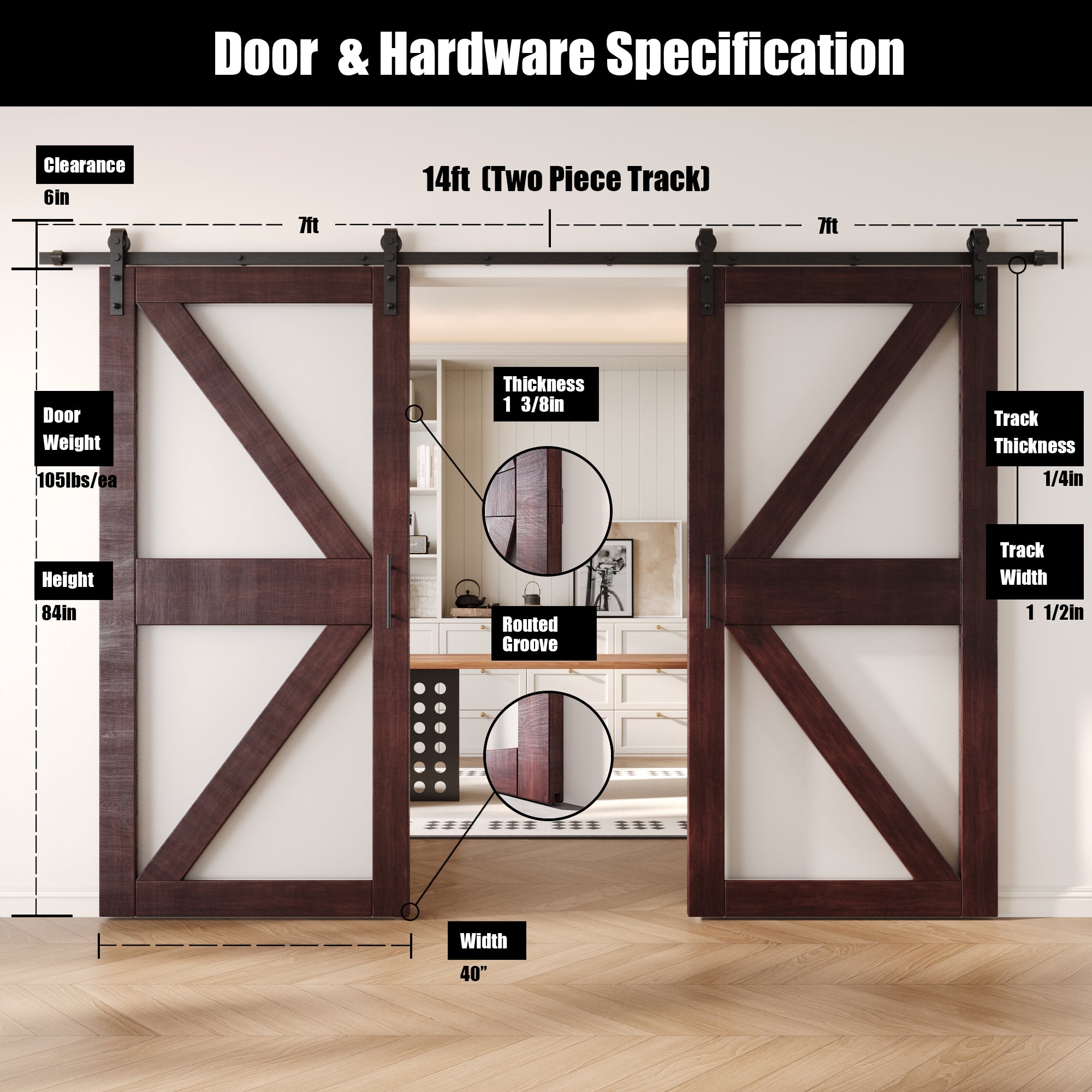 84" Height Red Mahogany Arrow Pattern Glass Double Unassembled & Finished Pine Wood Barn Doors with Non-Bypass Installation Hardware Kit (Interior Use Only)