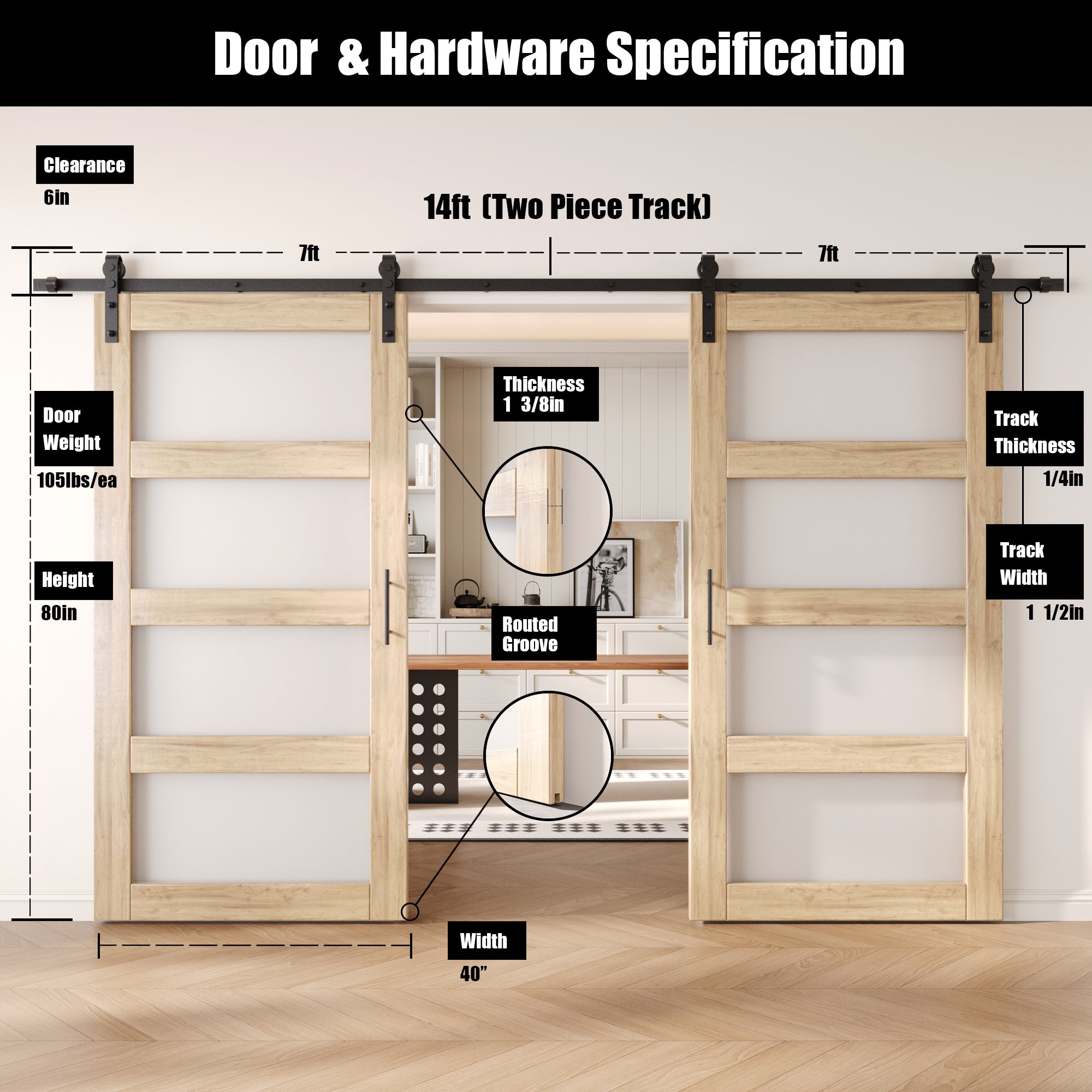 80" Height 4-Lite Frosted Glass Double Unassembled & Unfinished Pine Wood Barn Doors with Non-Bypass Installation Hardware Kit (Interior Use Only)