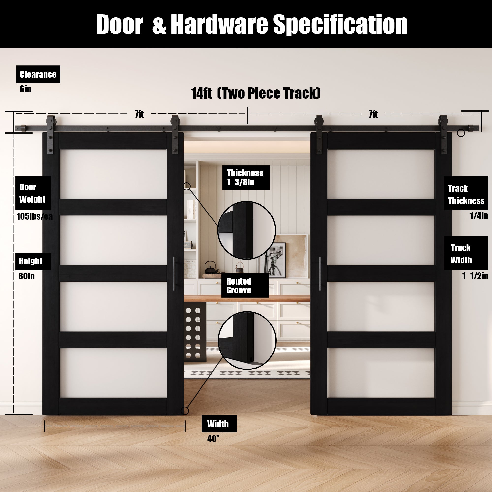 80" Height Black 4-Lite Frosted Glass Double Unassembled & Finished Pine Wood Barn Doors with Non-Bypass Installation Hardware Kit (Interior Use Only)