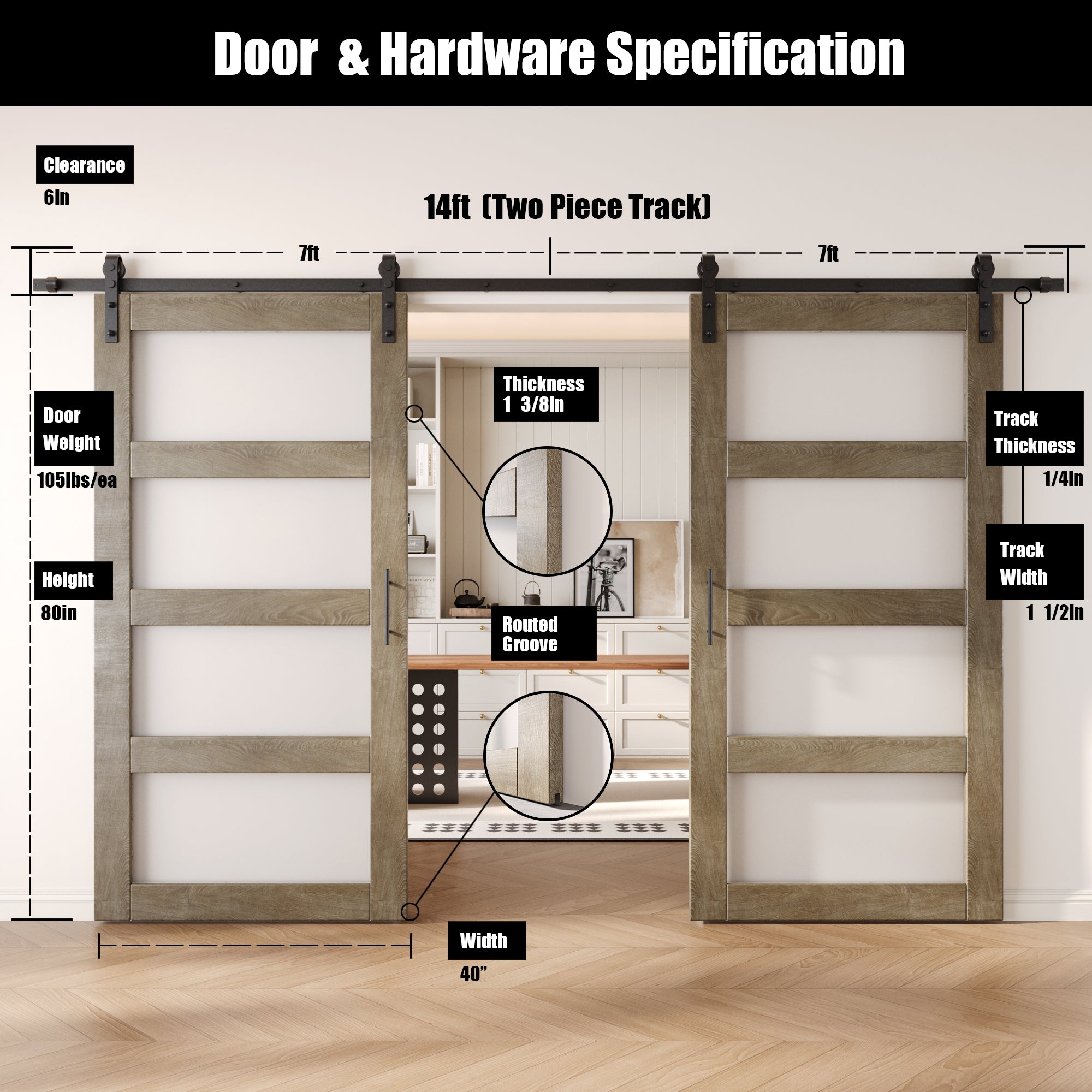 80" Height Classic Gray 4-Lite Frosted Glass Double Unassembled & Finished Pine Wood Barn Doors with Non-Bypass Installation Hardware Kit (Interior Use Only)
