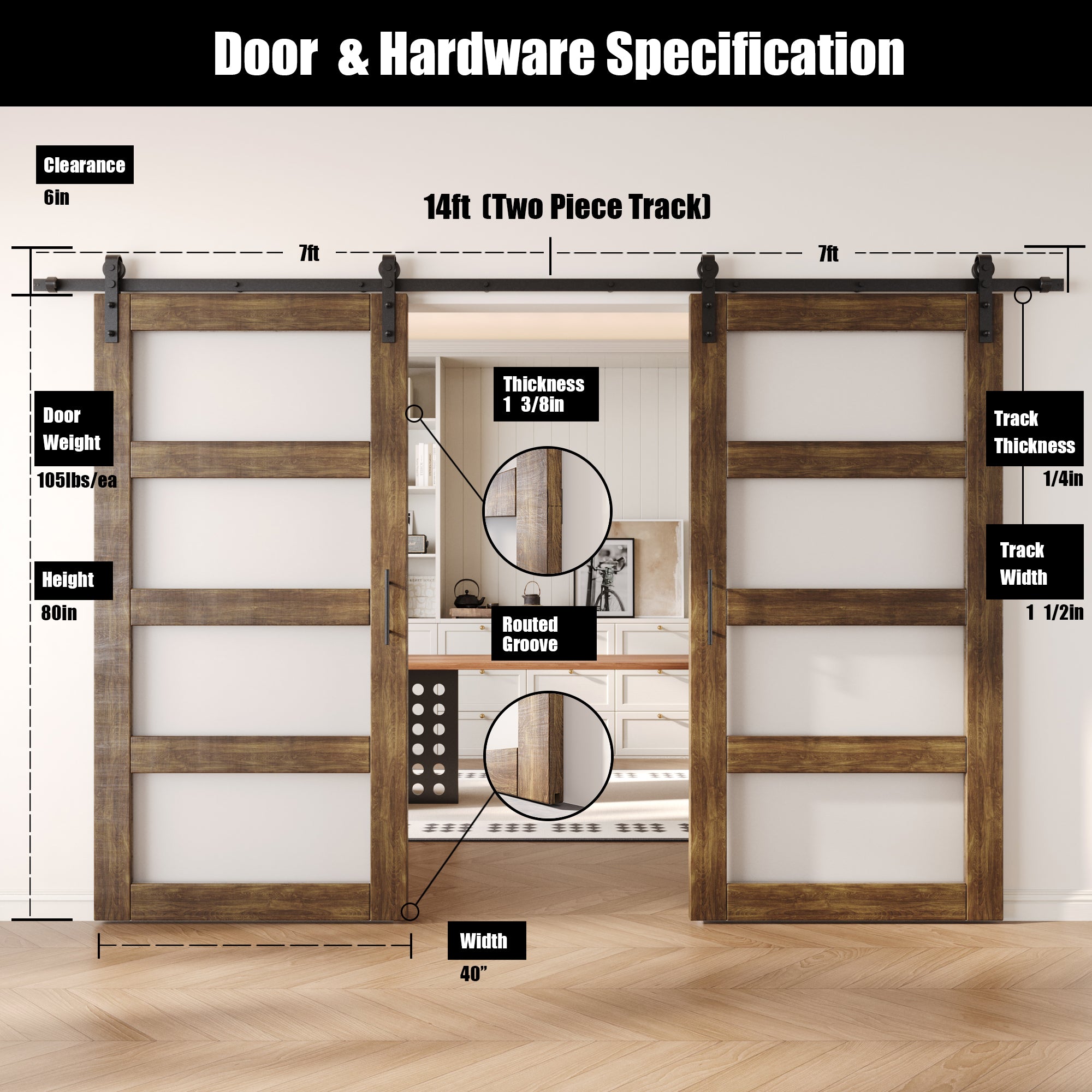 80" Height Dark Walnut 4-Lite Frosted Glass Double Unassembled & Finished Pine Wood Barn Doors with Non-Bypass Installation Hardware Kit (Interior Use Only)