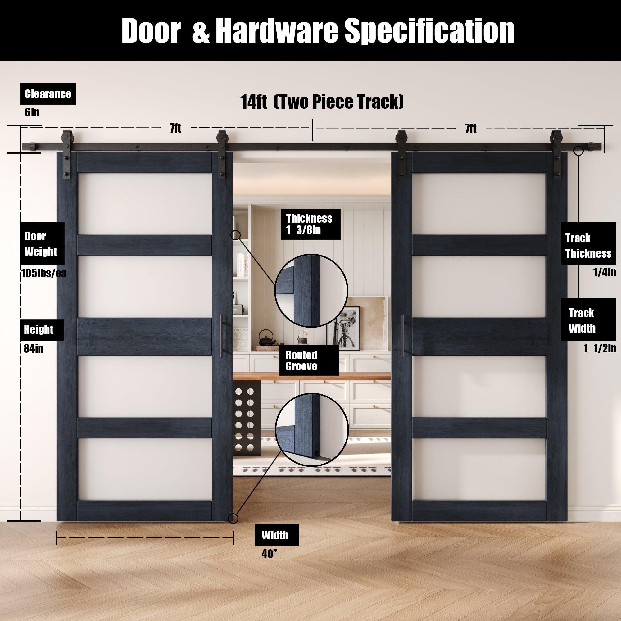 84" Height Navy 4-Lite Frosted Glass Double Unassembled & Finished Pine Wood Barn Doors with Non-Bypass Installation Hardware Kit (Interior Use Only)